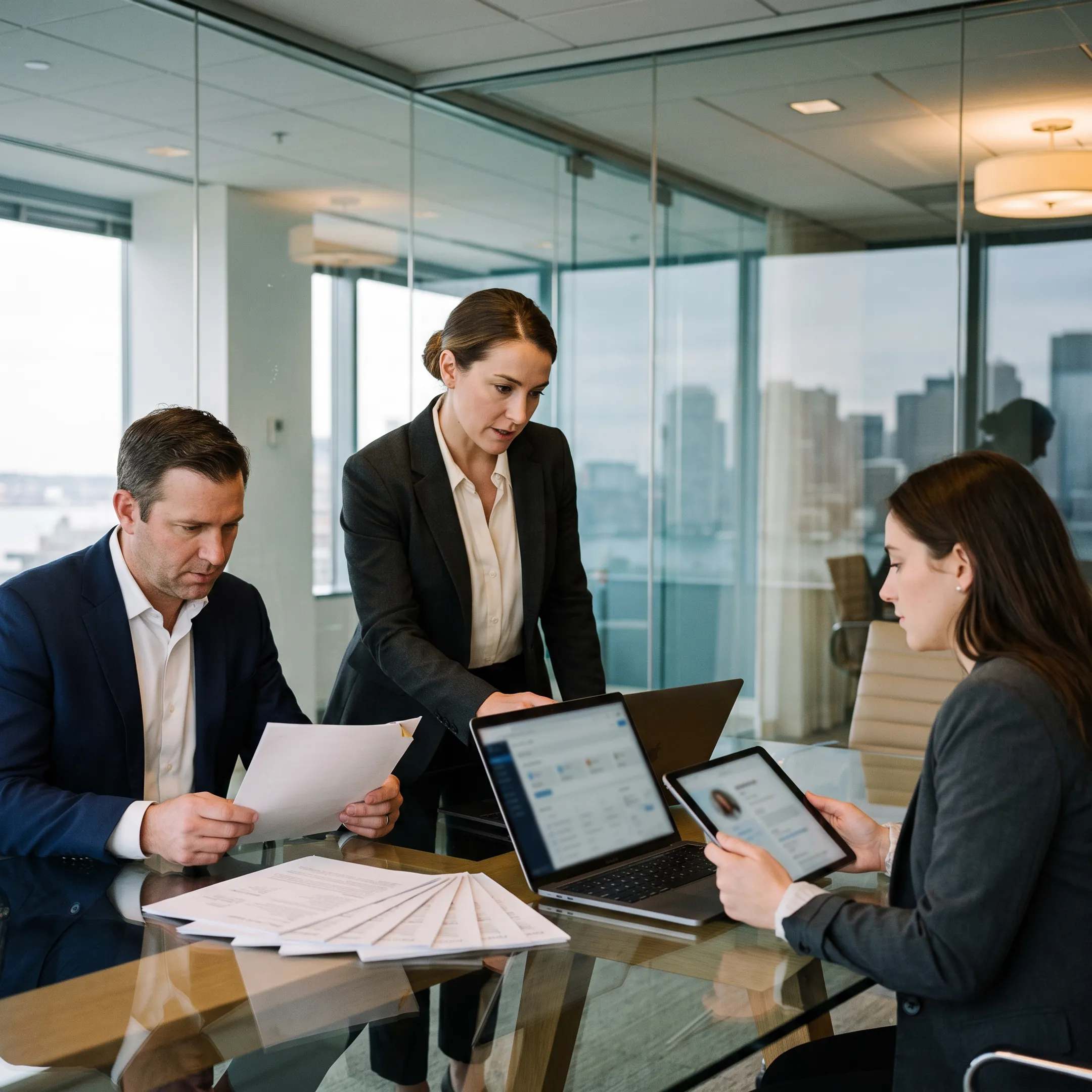 Tech recruiters reviewing software engineering candidate profiles in a Boston modern office