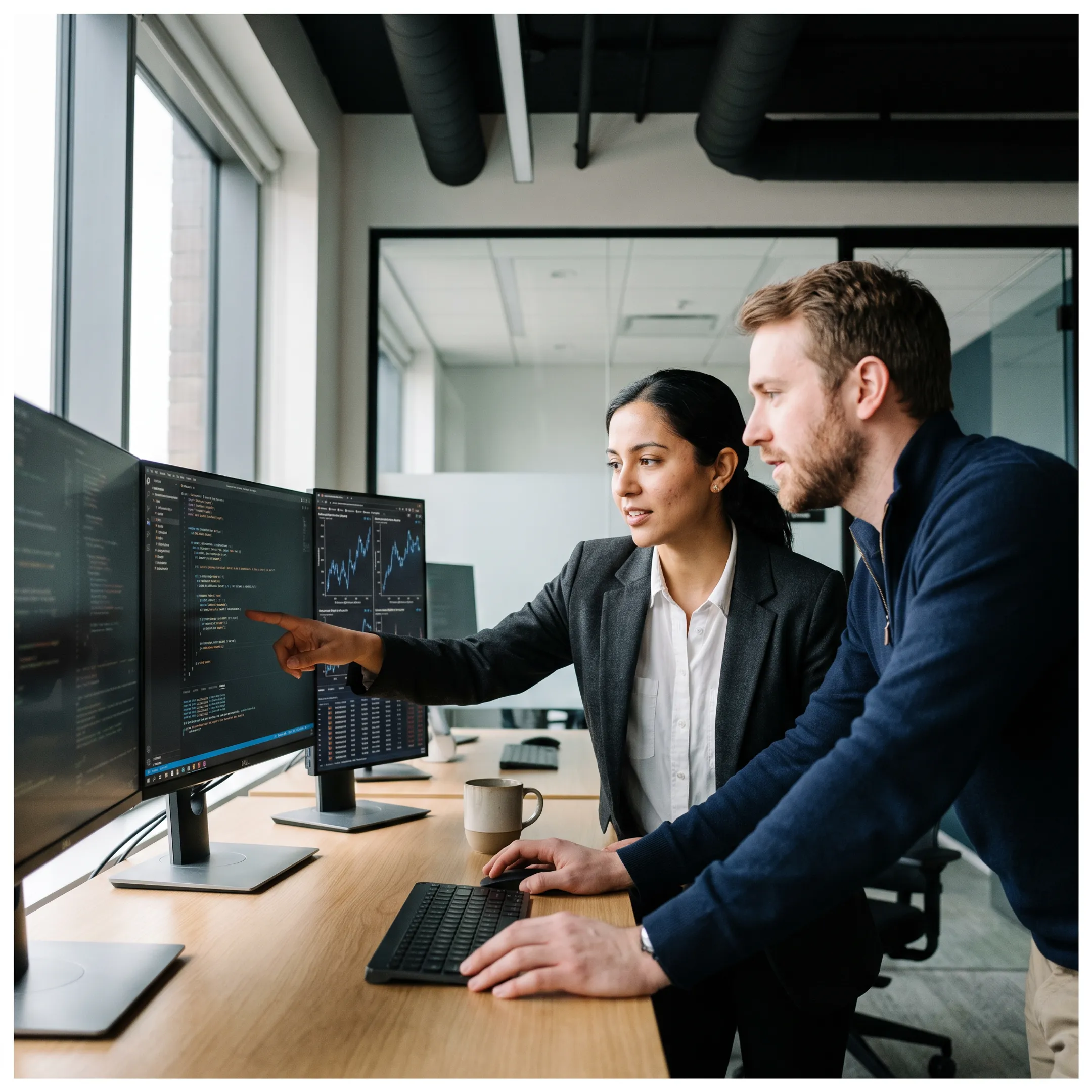 Fintech software engineers collaborating on financial technology infrastructure