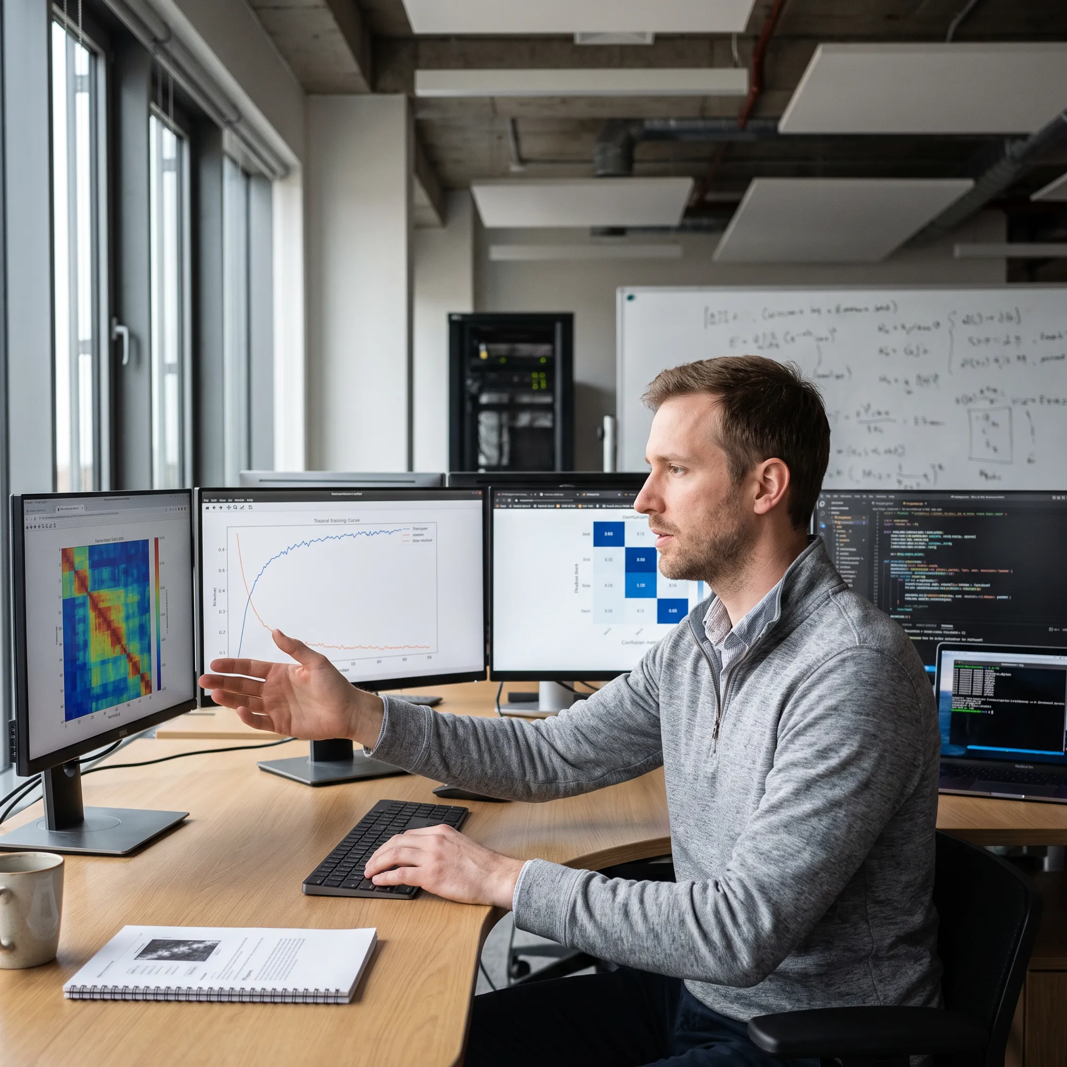 AI and machine learning researcher analyzing complex algorithms on digital screens