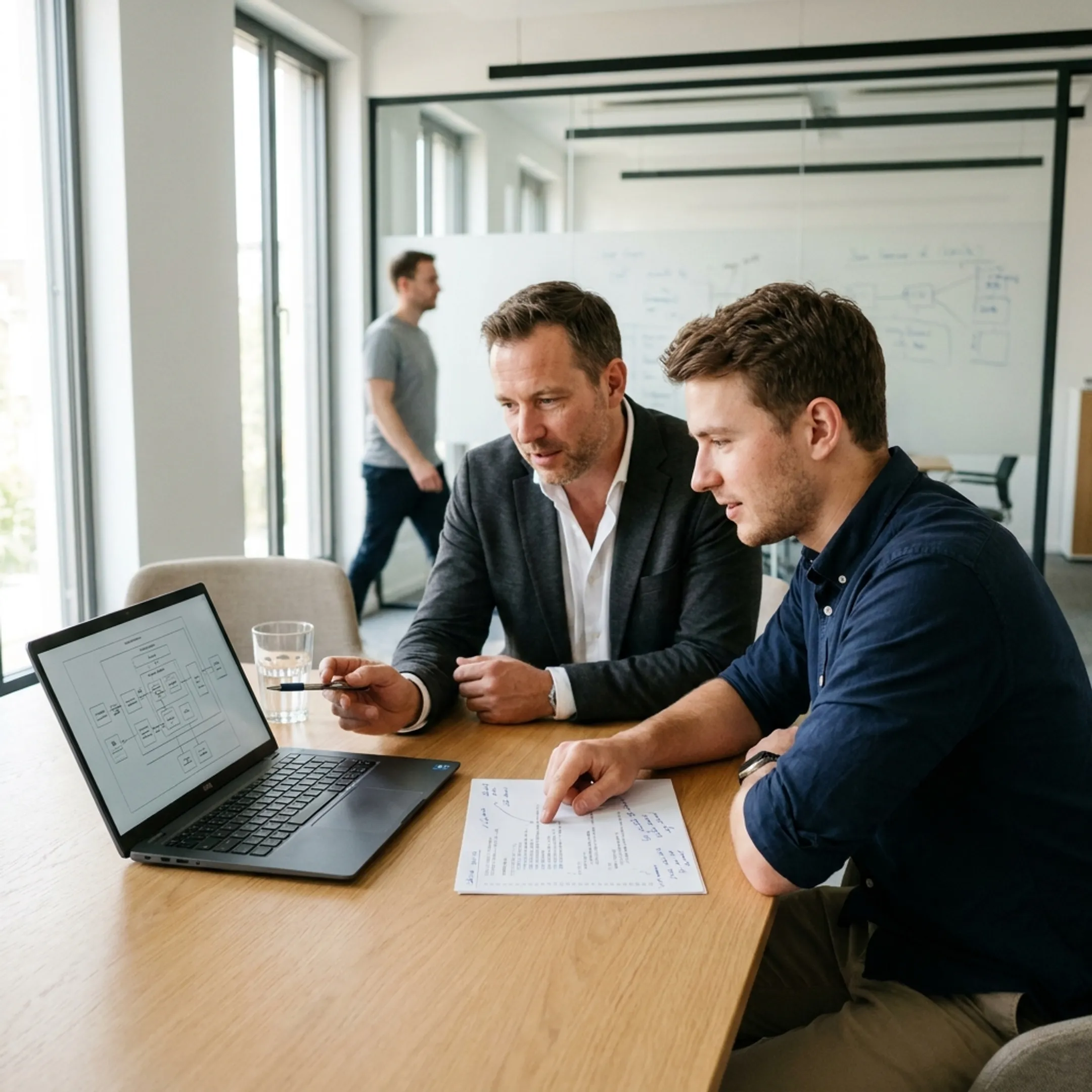 Software developers collaborating on code in a modern technology office