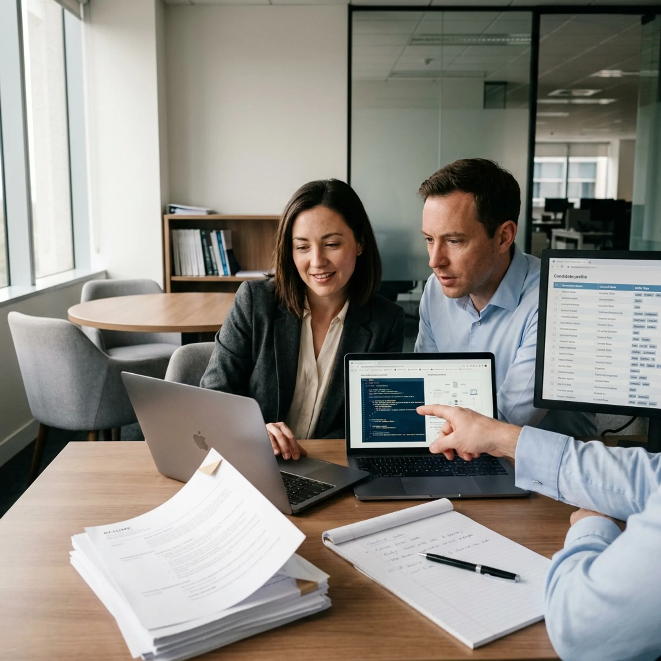 Information technology staffing team reviewing candidate technical profiles and engineering portfolios on digital monitors
