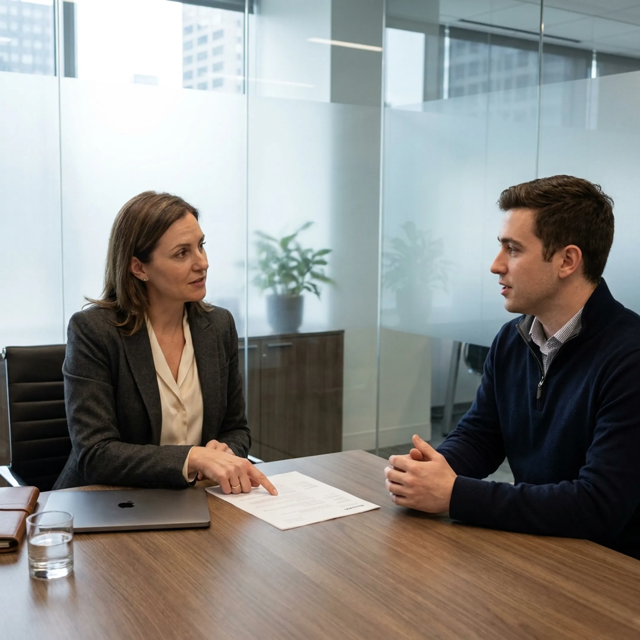 Hiring manager interviewing a senior software engineer in a New York City conference room