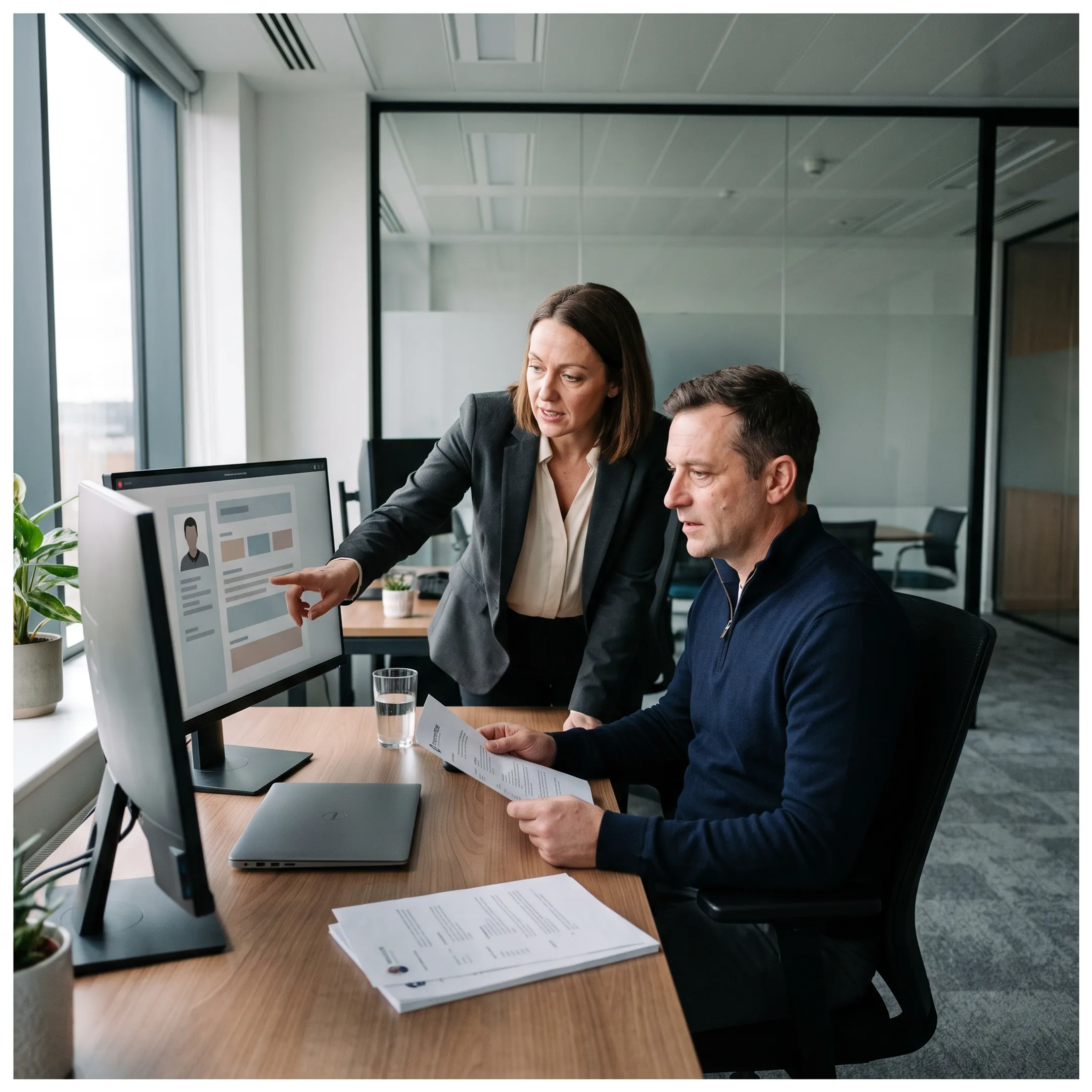 Technology recruiters reviewing technical profiles in an office setting
