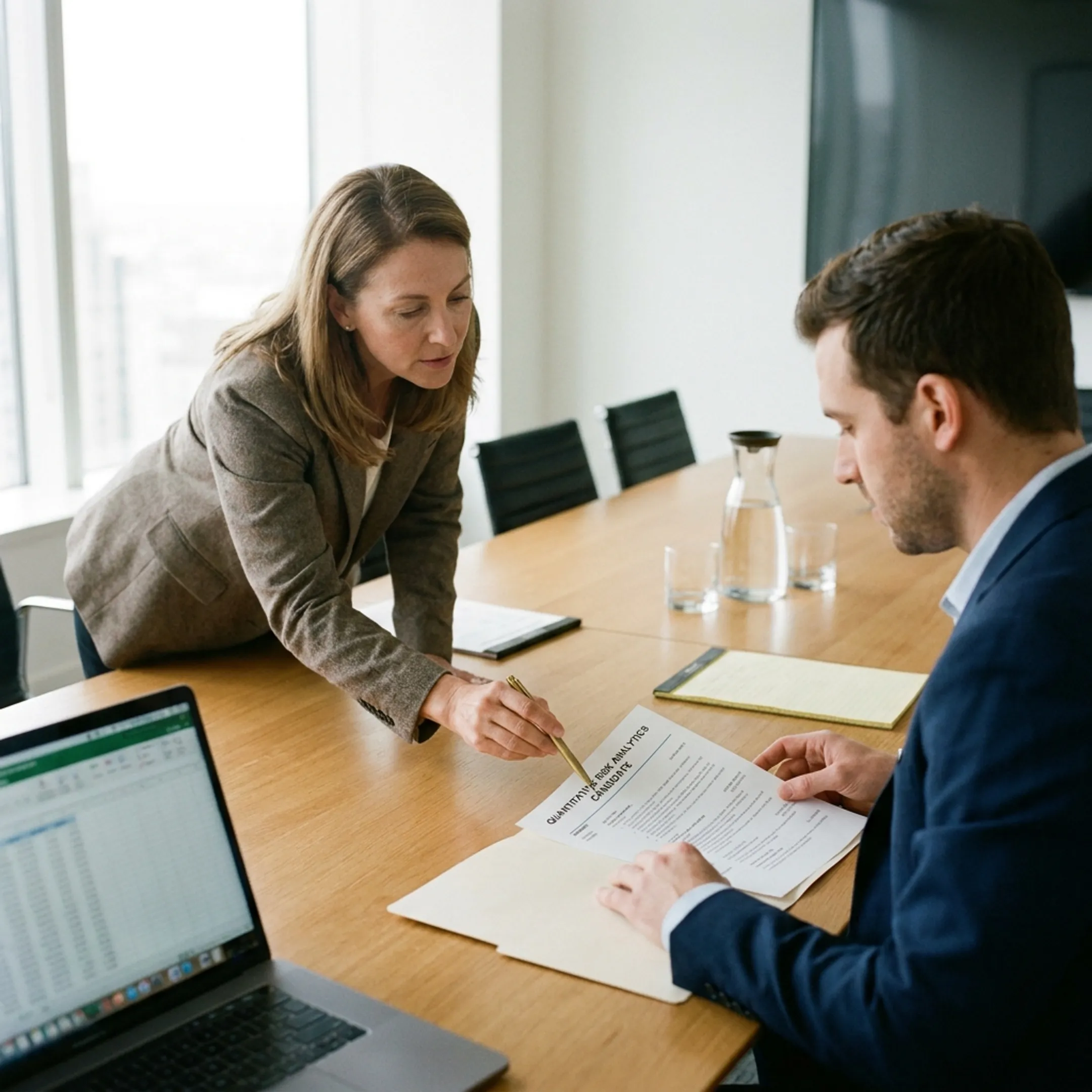 Staffing consultants reviewing candidate portfolios for executive risk roles