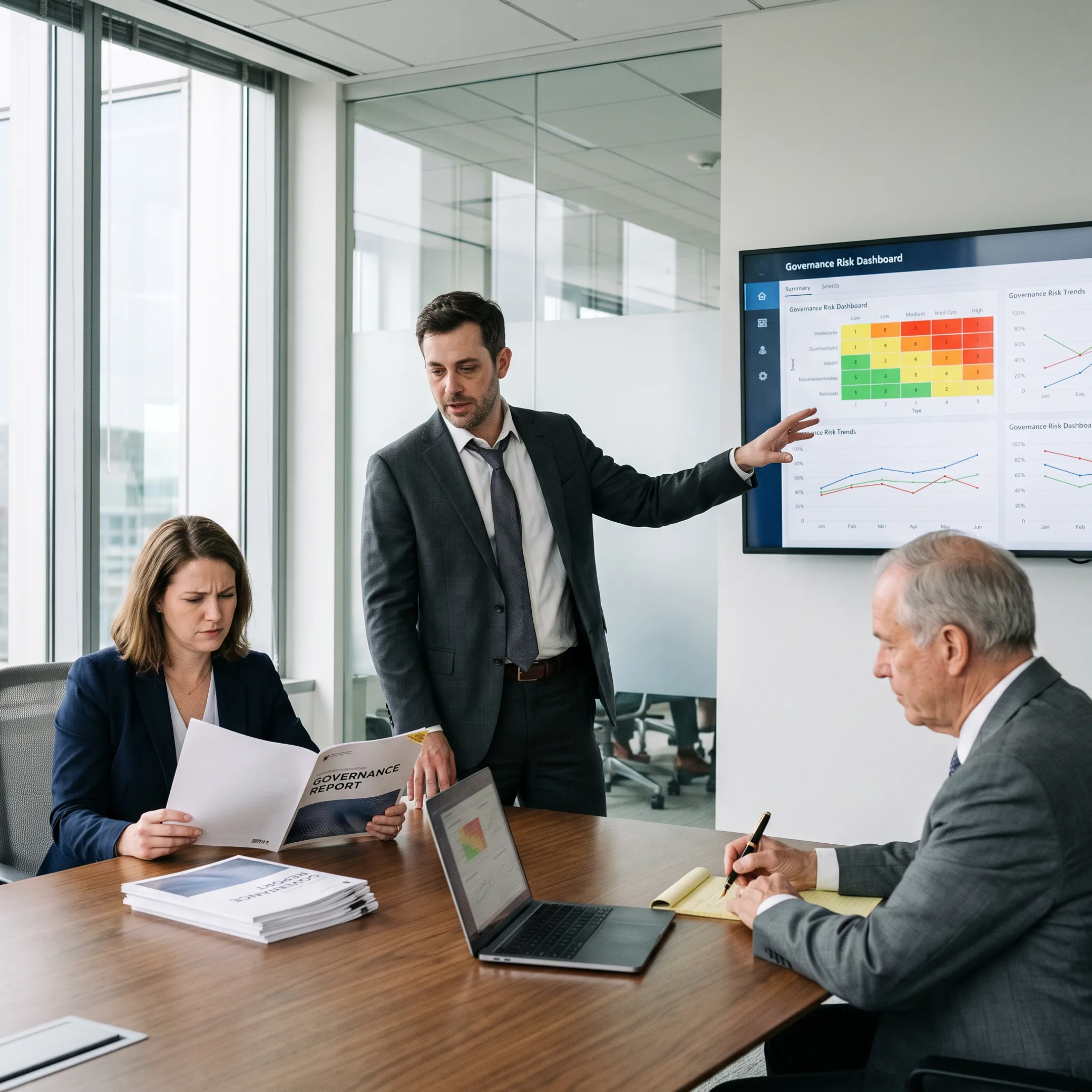 Risk and compliance professionals discussing regulatory governance in an office setting