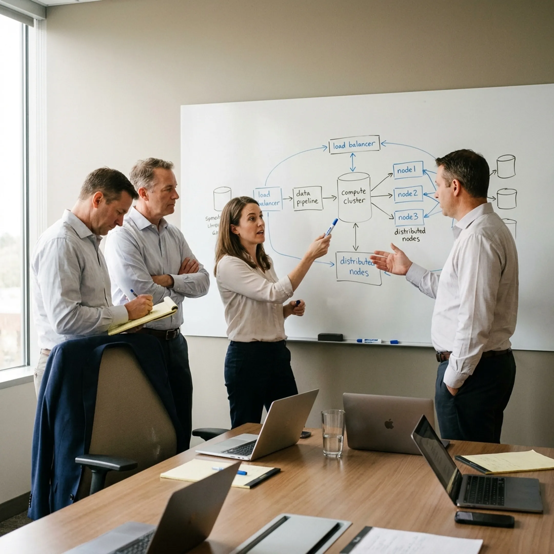 Technical team collaborating over high-level system architecture diagrams