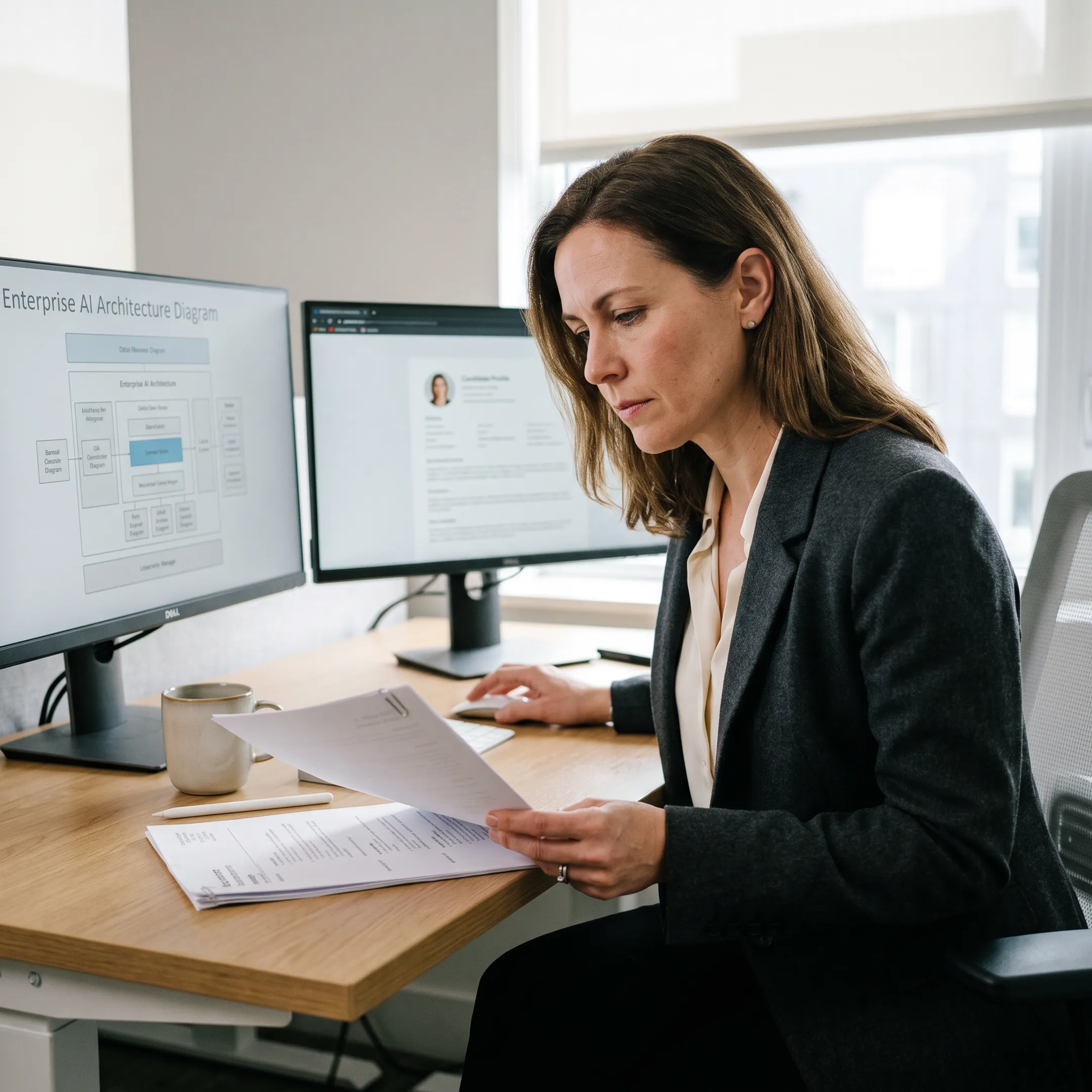 Technology recruiter reviewing technical architecture resumes on dual monitor displays