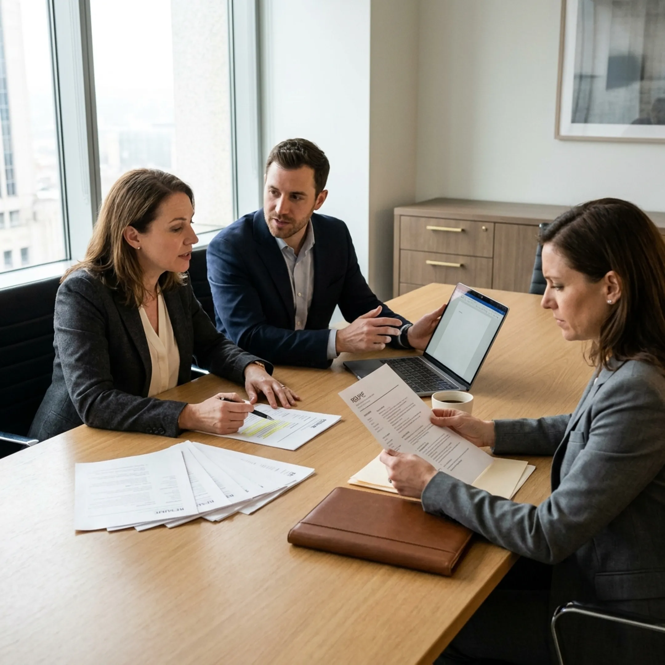 Technical recruiters and hiring managers discussing candidate profiles during a staffing consultation