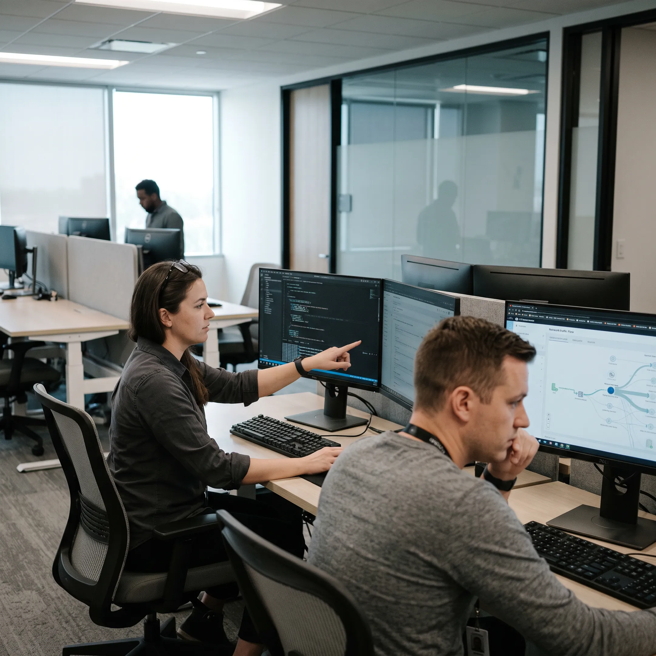 Cybersecurity engineers reviewing threat telemetry on monitors in an enterprise operations center