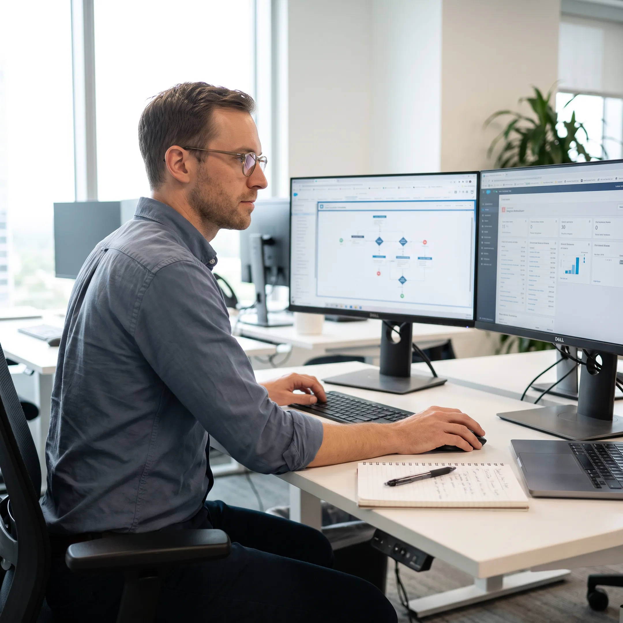 Salesforce administrator analyzing CRM workflows and data dashboards on office monitors