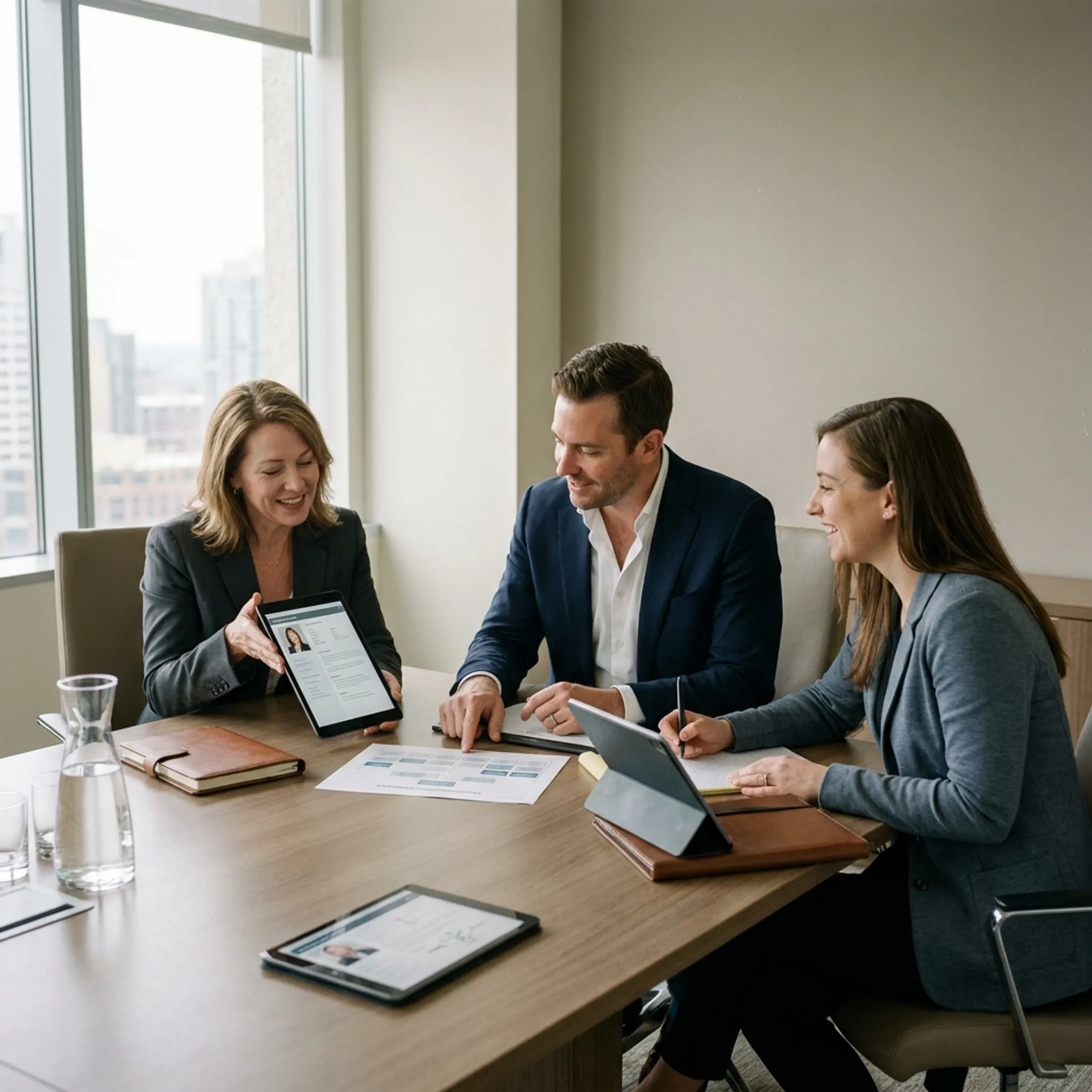Executive search team analyzing executive candidate profiles during consultation