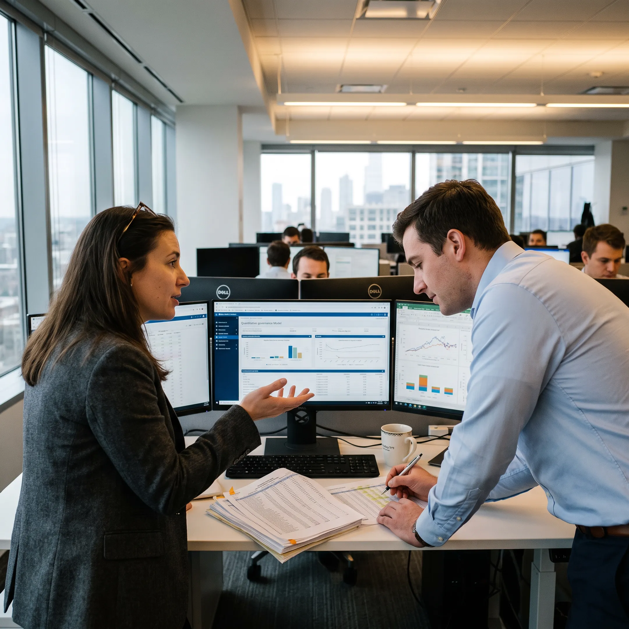 Risk management professionals reviewing quantitative financial models on multiple computer screens