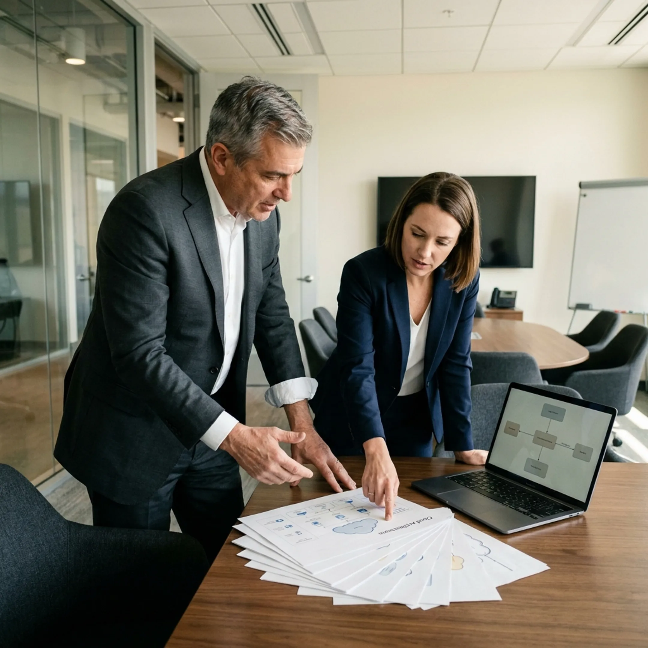 Enterprise architects discussing strategic IT systems and infrastructure planning