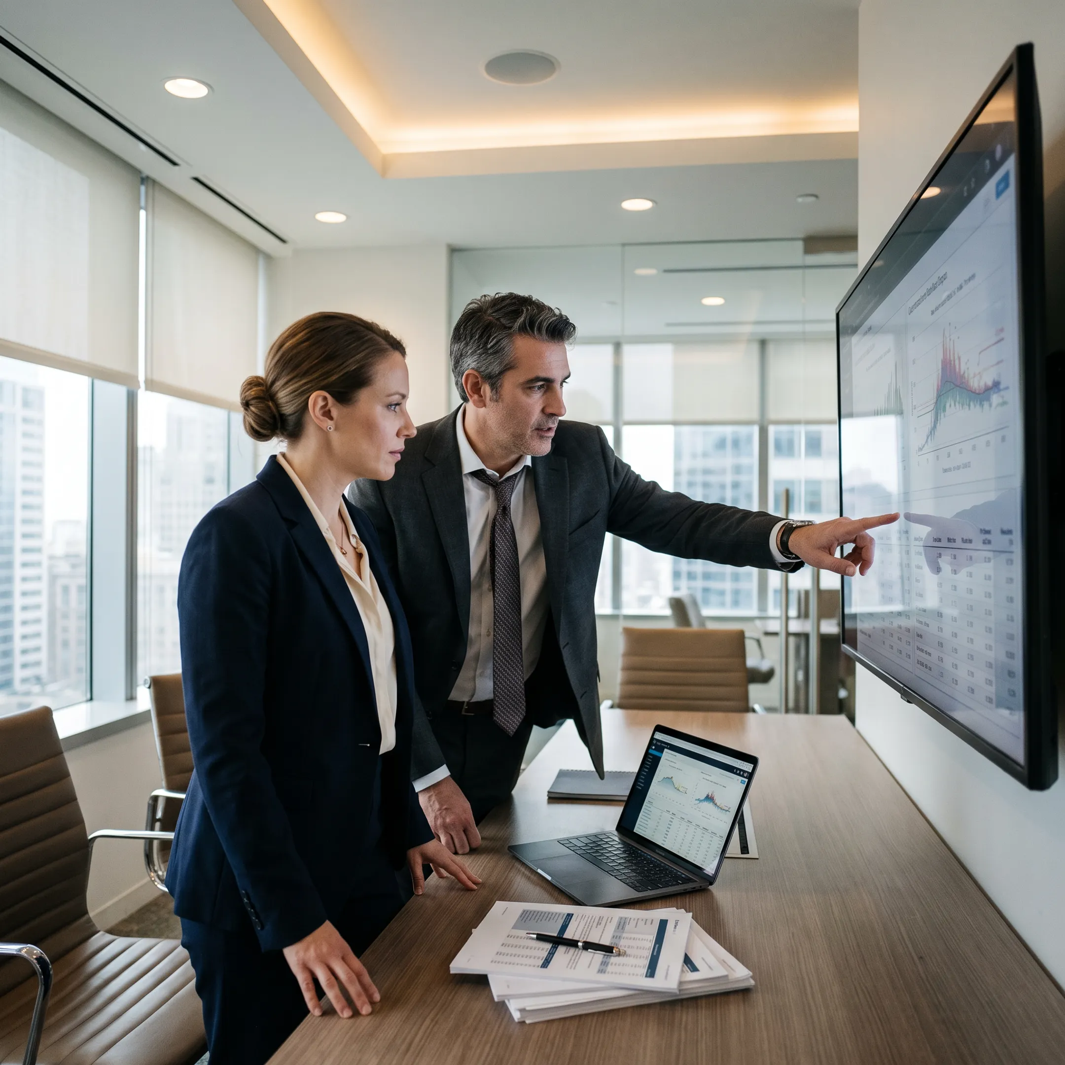 Risk management professionals analyzing financial model performance in an office