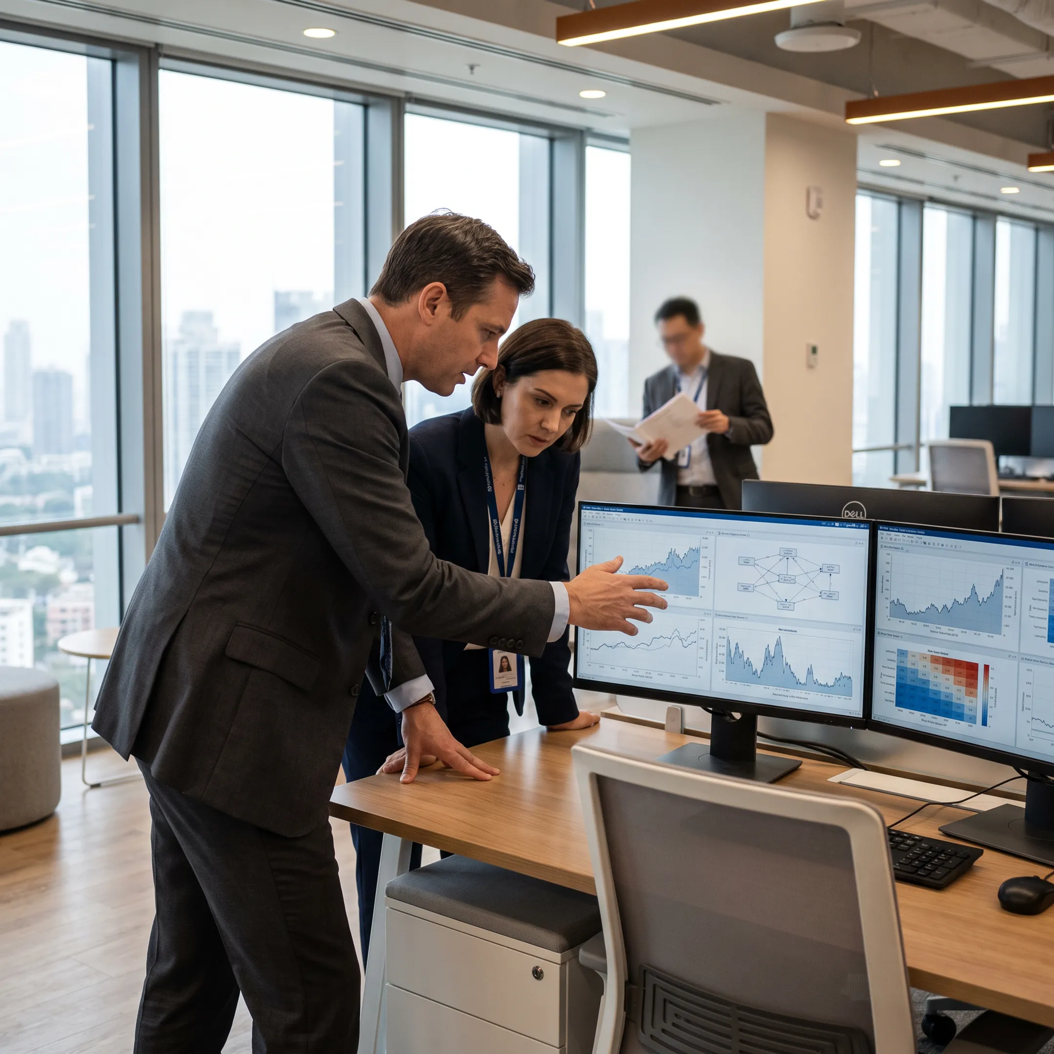 Compliance officers reviewing financial crime investigation data on office monitors