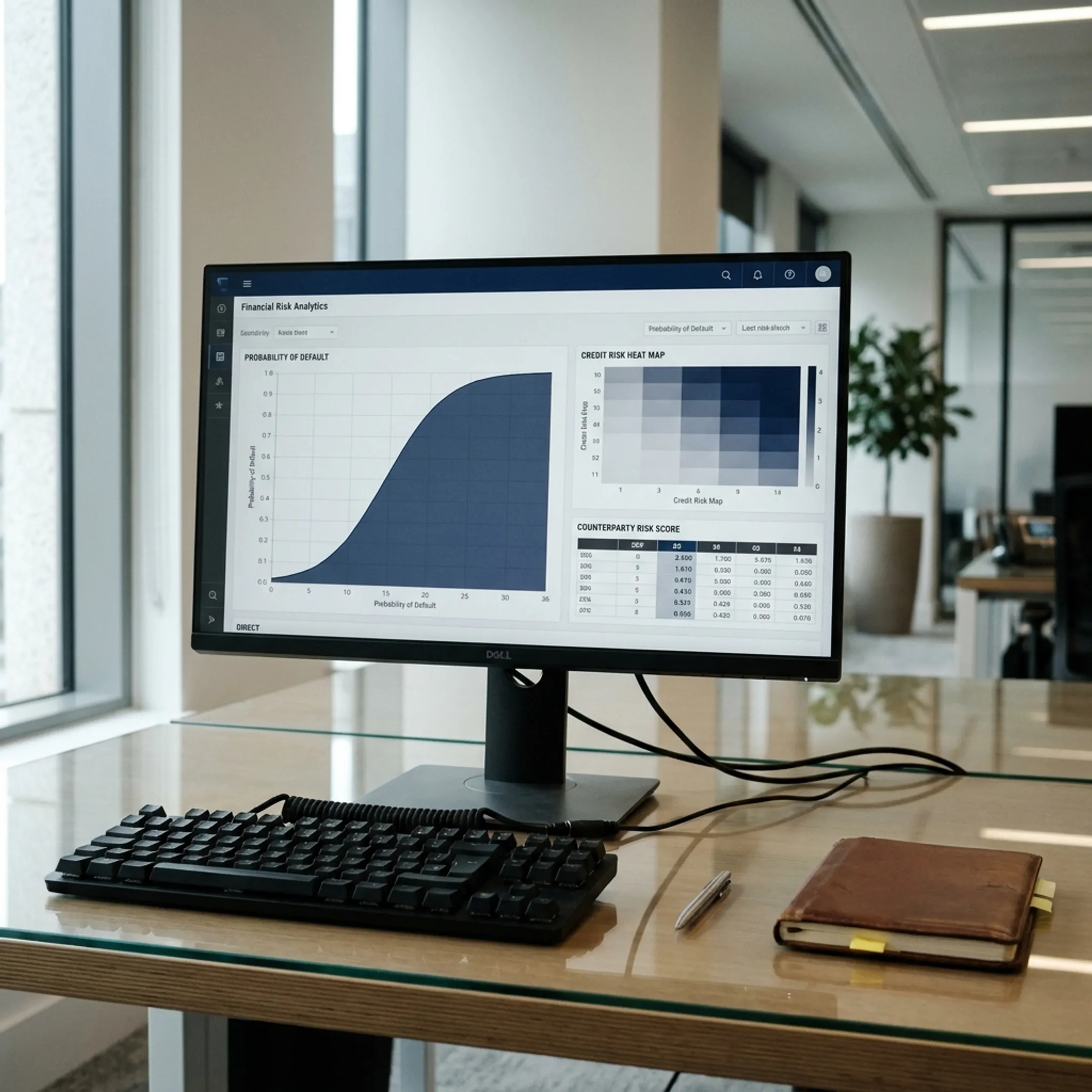 Financial risk analytics dashboard displaying predictive credit risk models and data charts