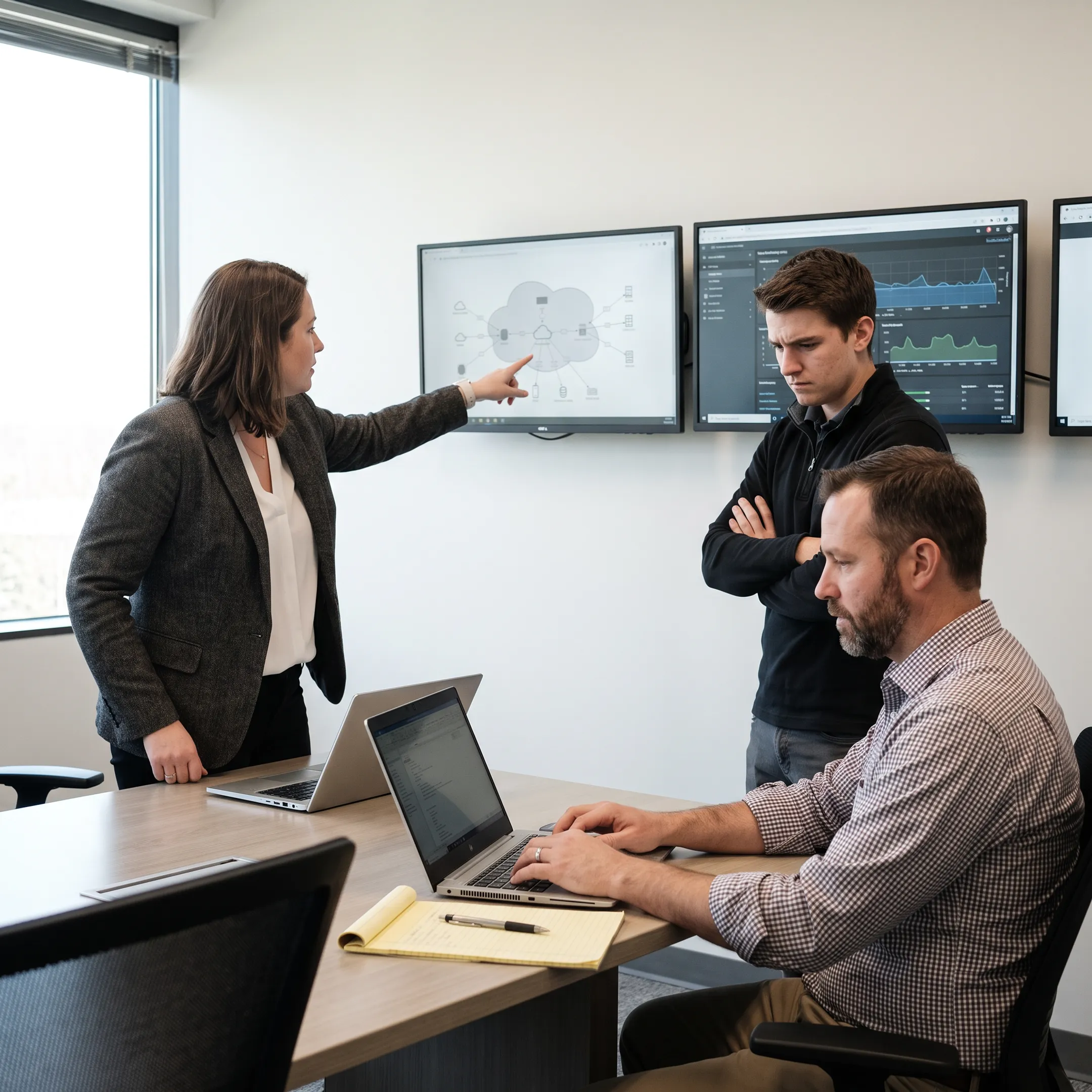 Cloud network engineers collaborating on enterprise infrastructure architecture
