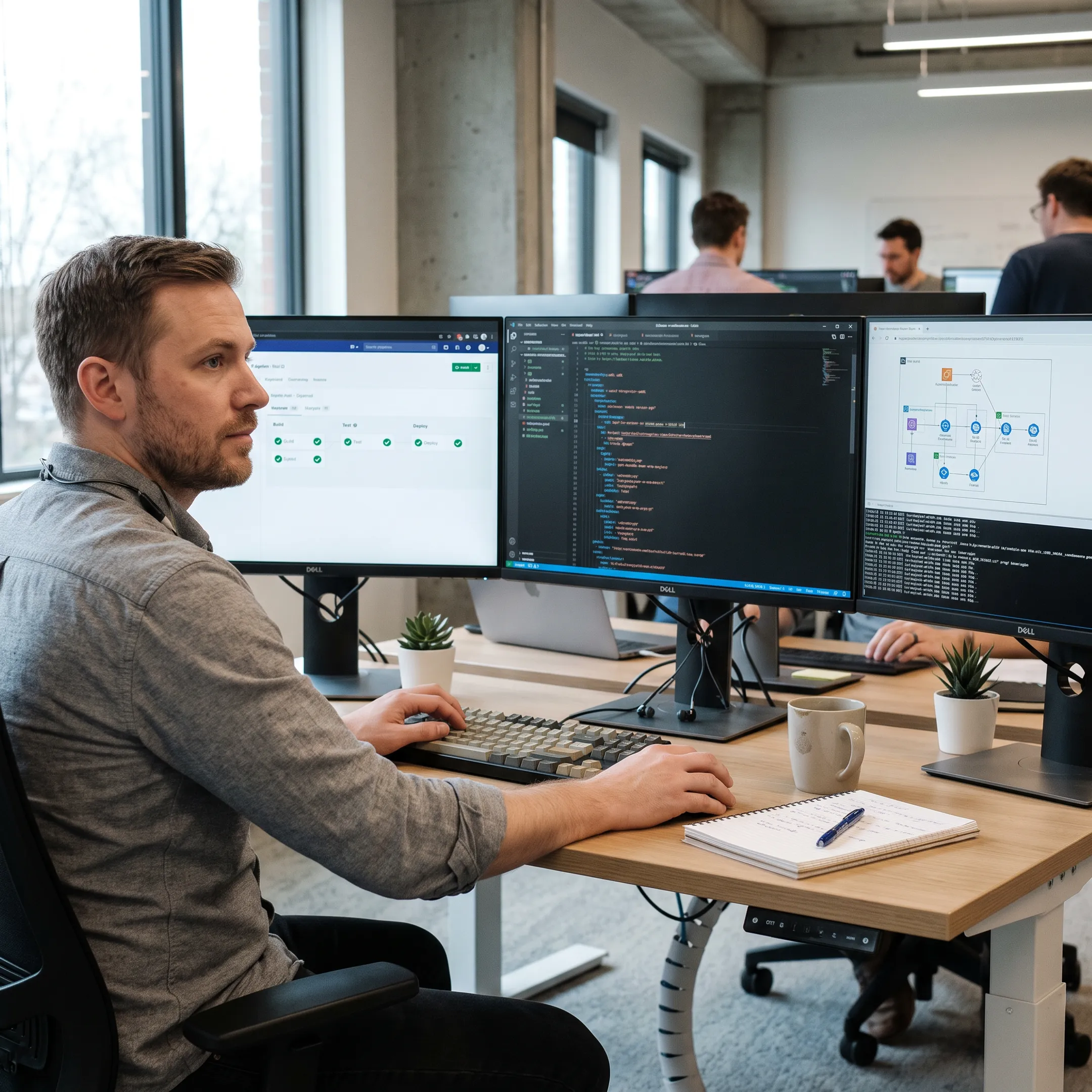 DevOps engineer monitoring automated deployment pipelines on multi-screen workstation