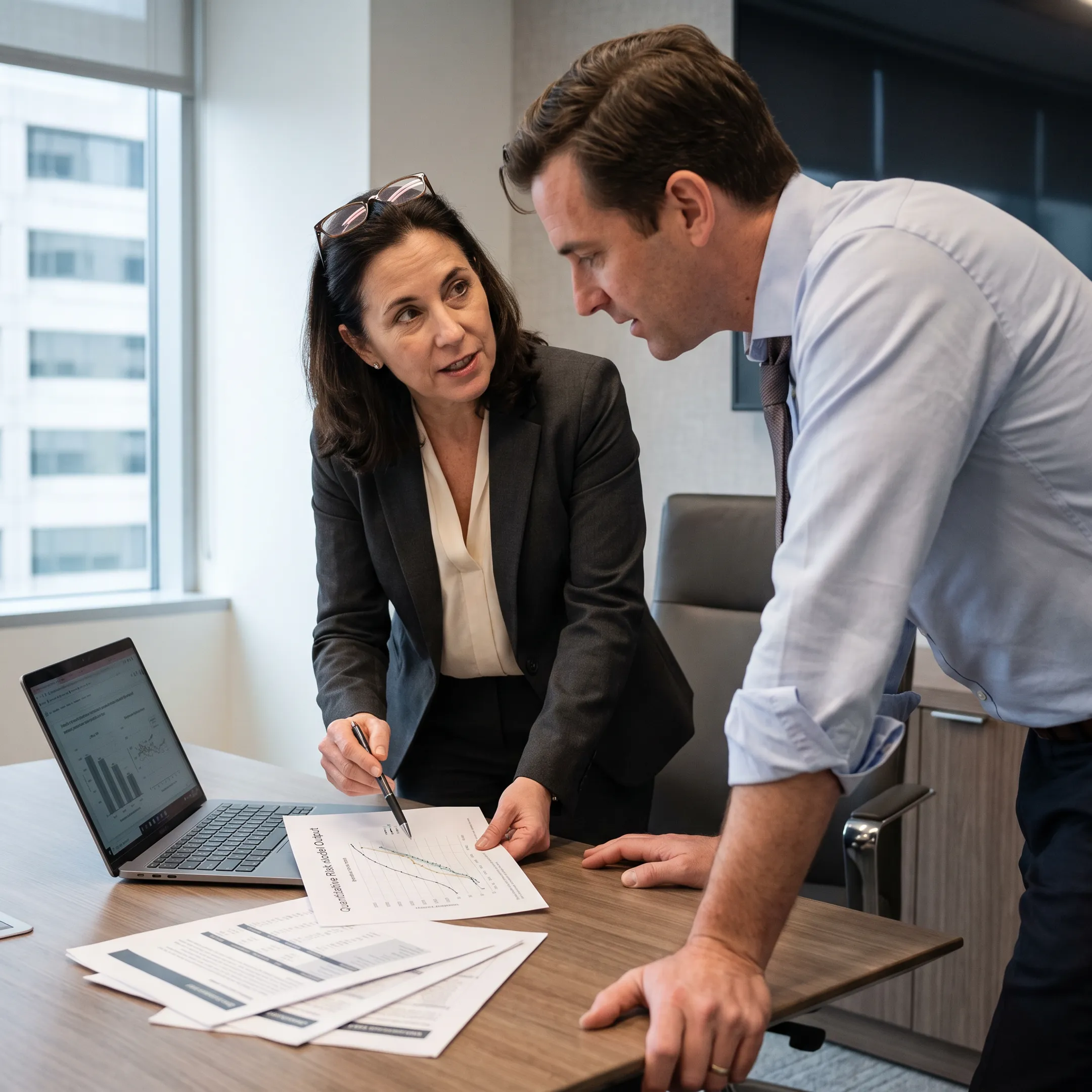 Portfolio and risk analytics staffing consultants analyzing quantitative risk models on computer screens