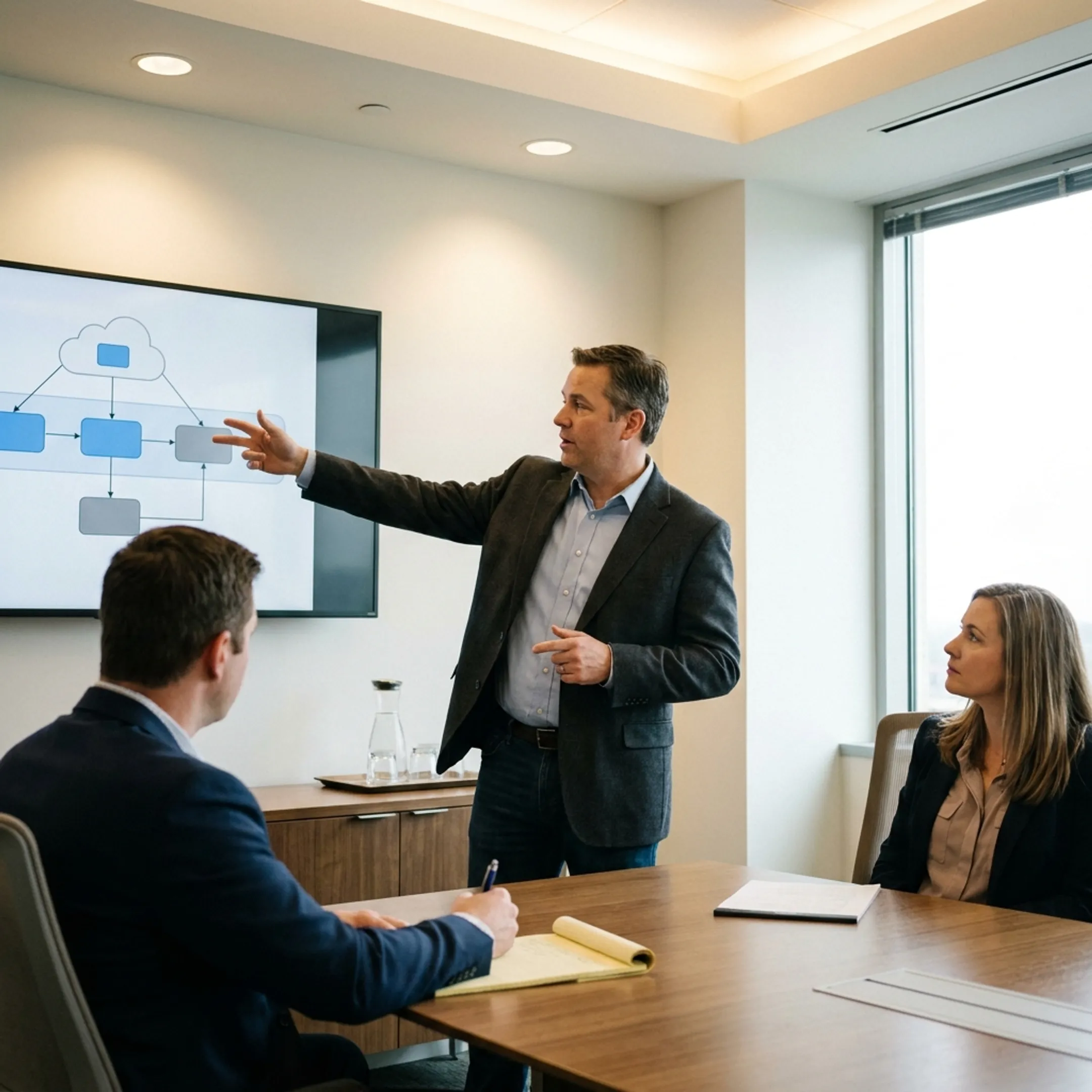 Senior IT consultant presenting technology architecture framework on a digital screen