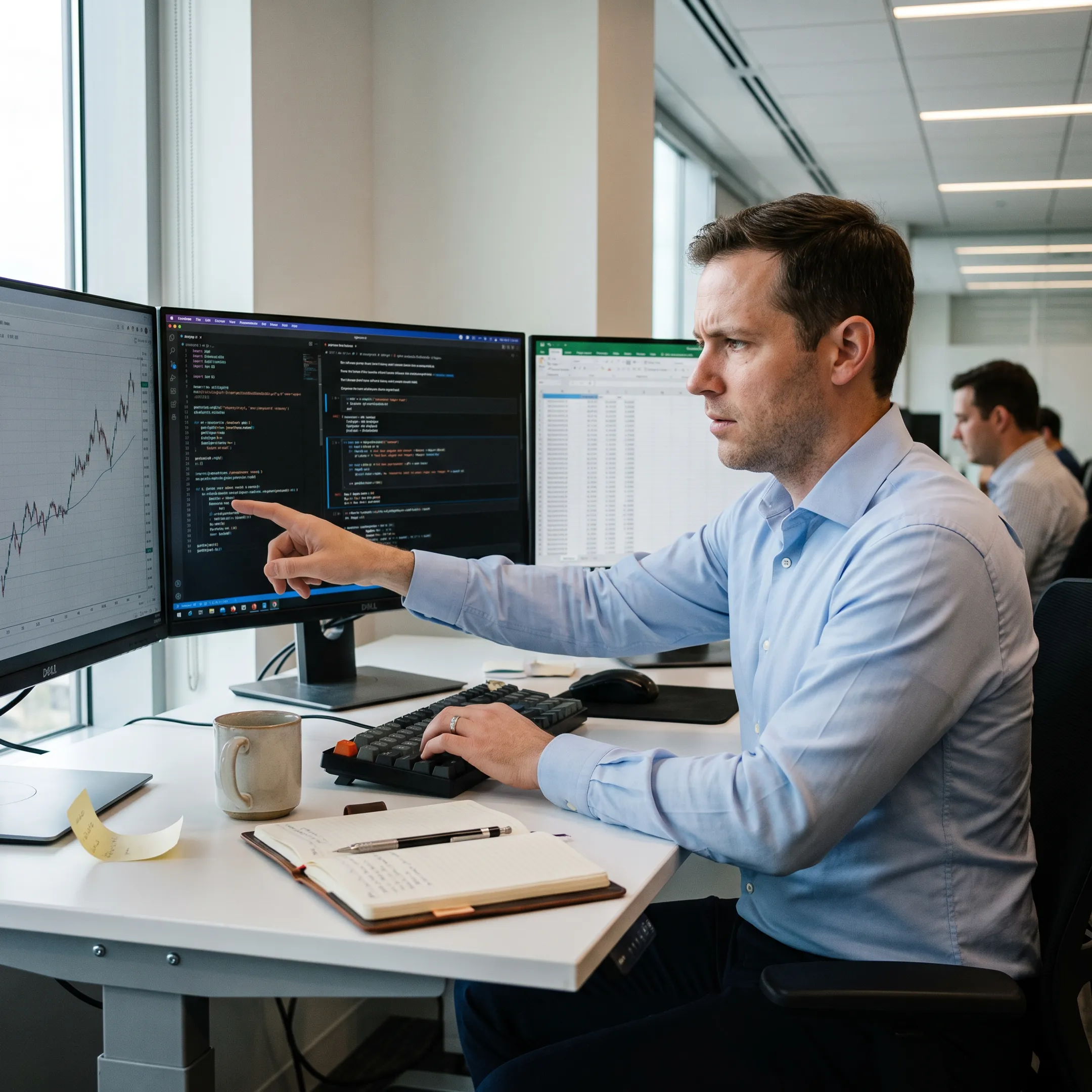 Quantitative analyst analyzing financial models and algorithmic data on multiple monitors