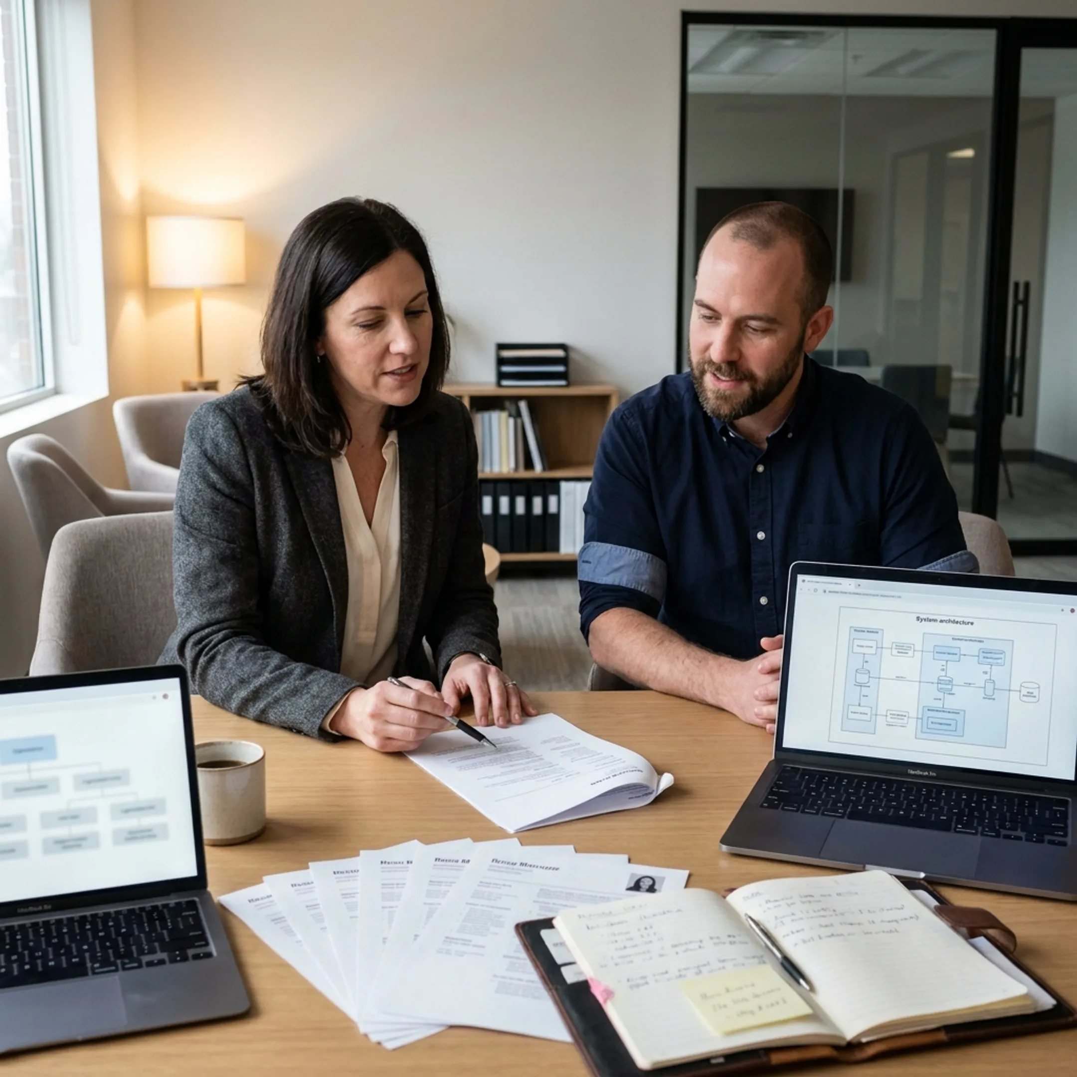 IT recruitment specialist reviewing technical candidate profiles in a modern office