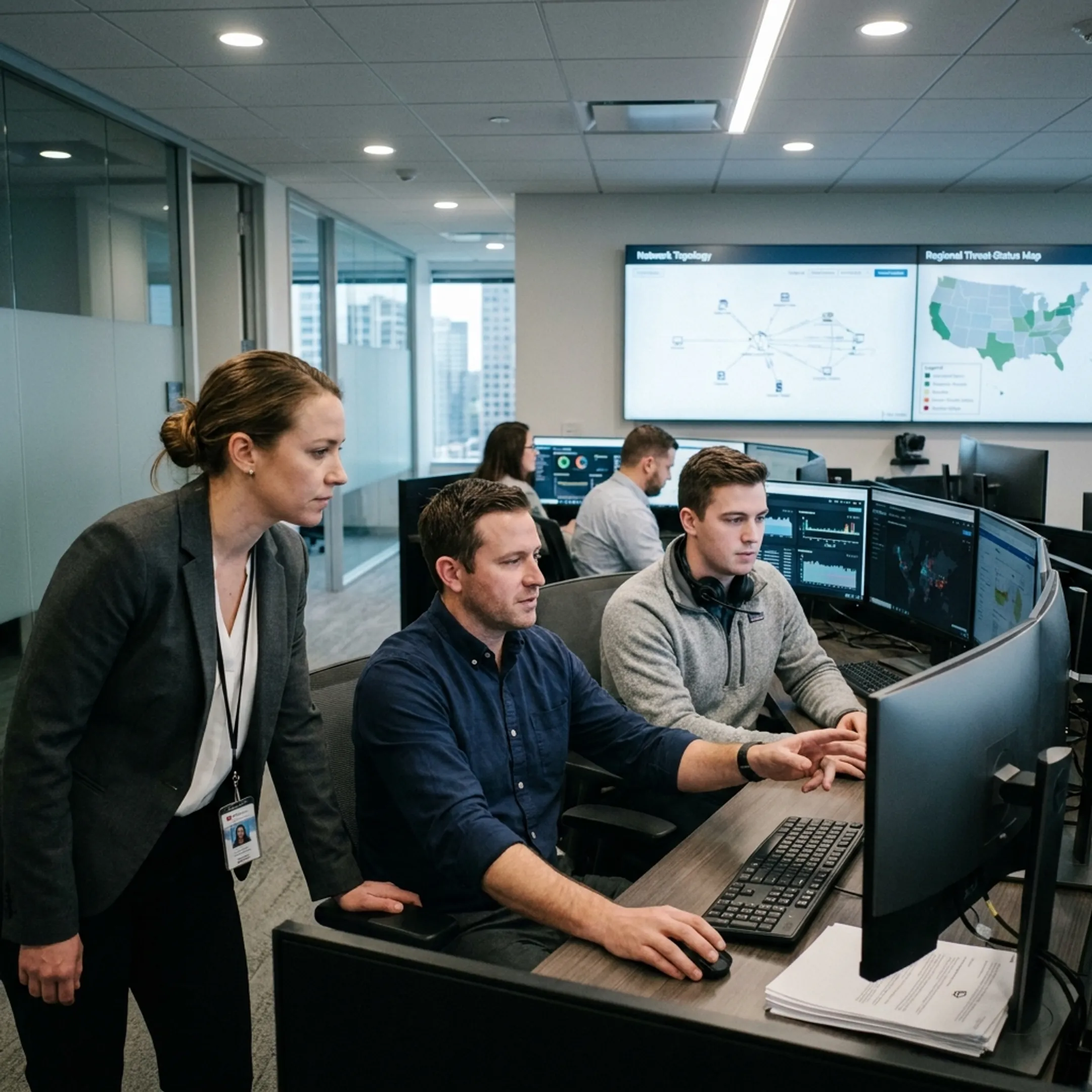 Cybersecurity professionals analyzing network security data on screens
