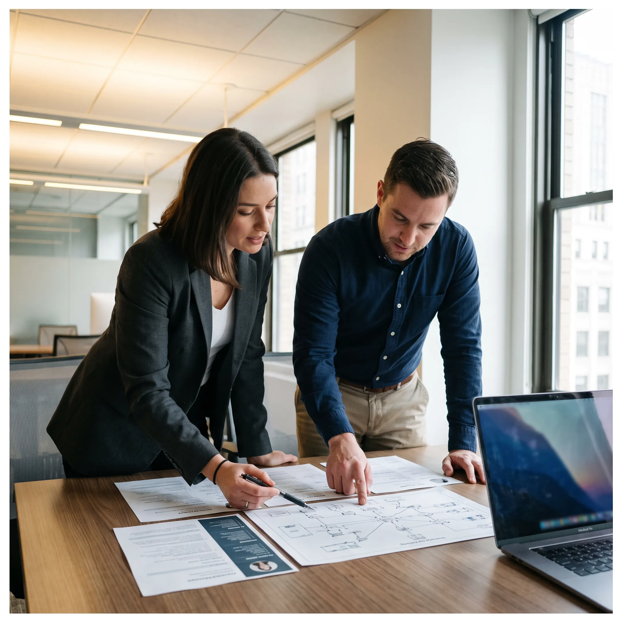 Cybersecurity recruiters reviewing candidate profiles in an office setting