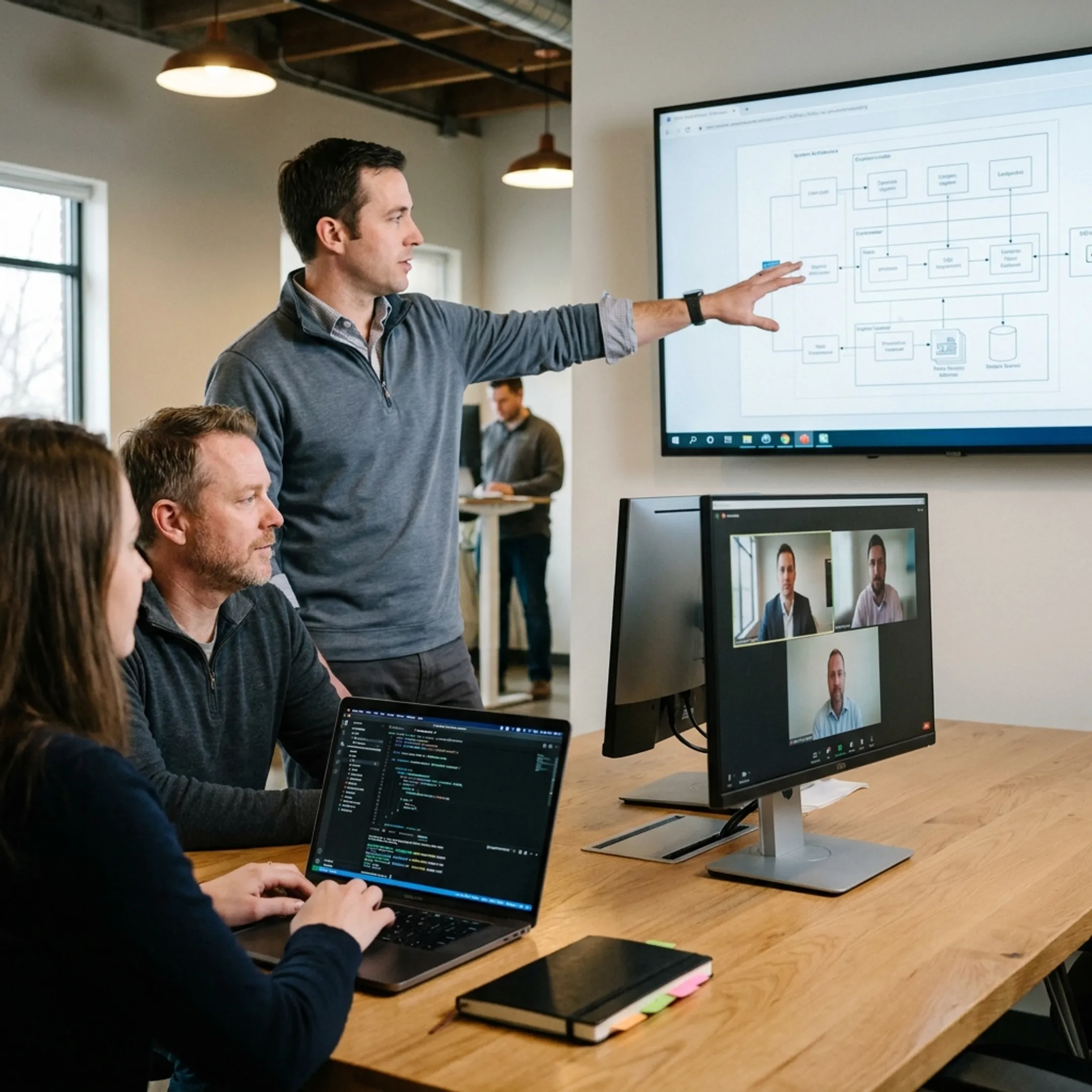 Software developers collaborating remotely across technical platforms