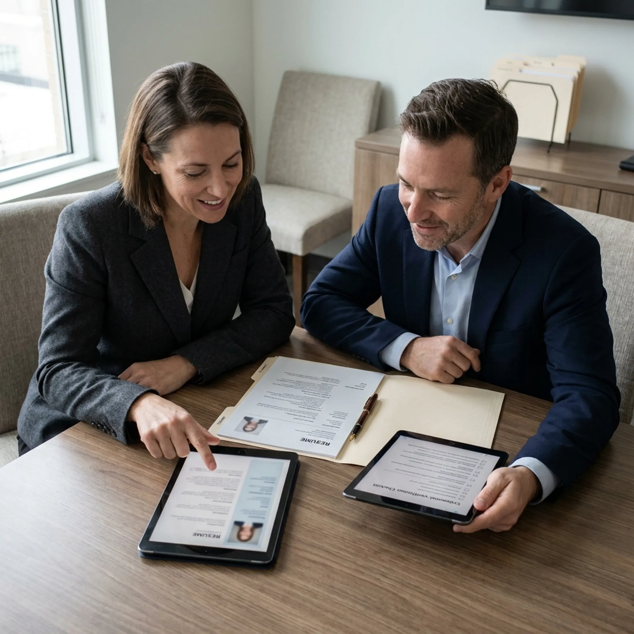 Staffing consultants evaluating qualified candidate profiles for AI ethics positions