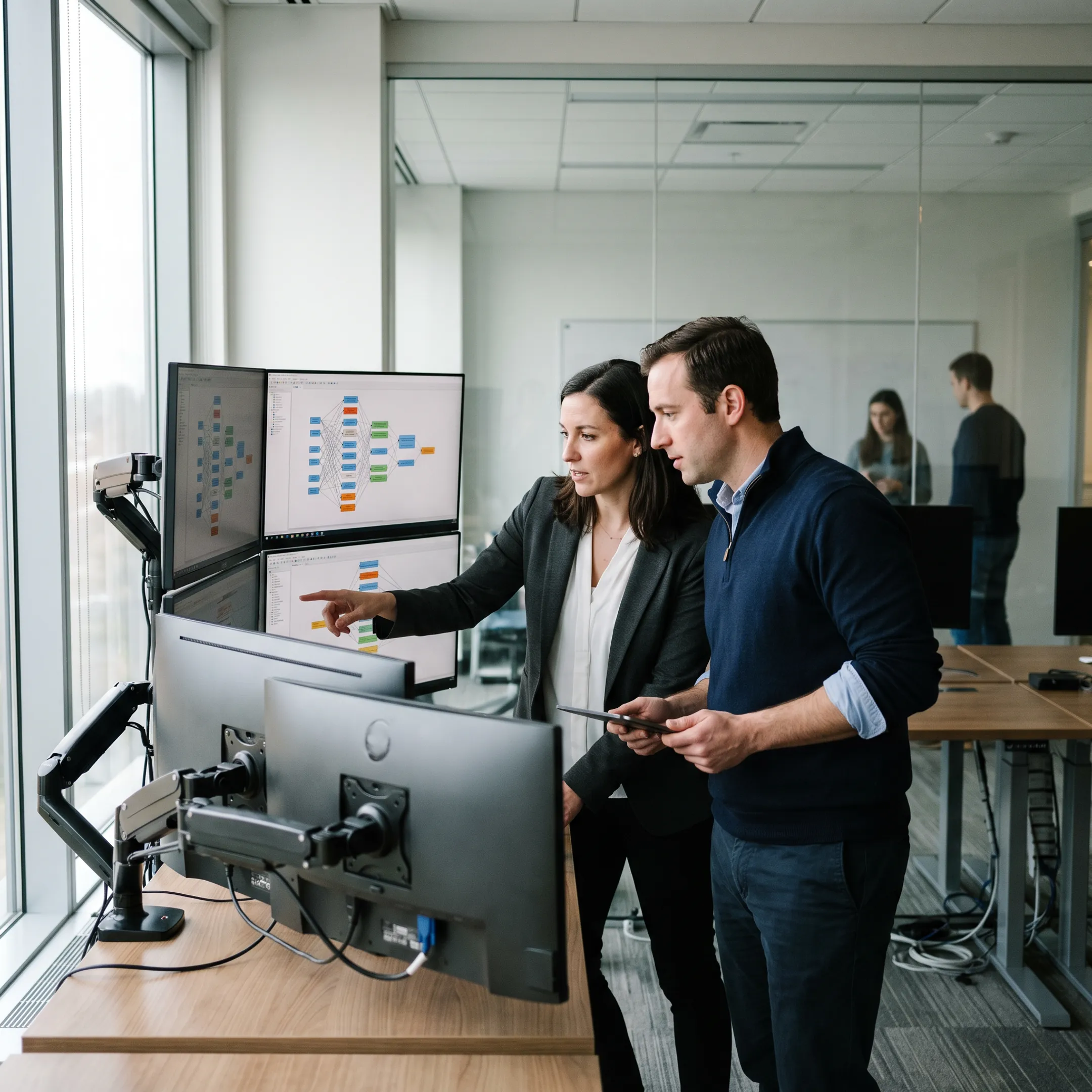 AI research scientists collaborating on machine learning algorithms in a modern technical lab setting