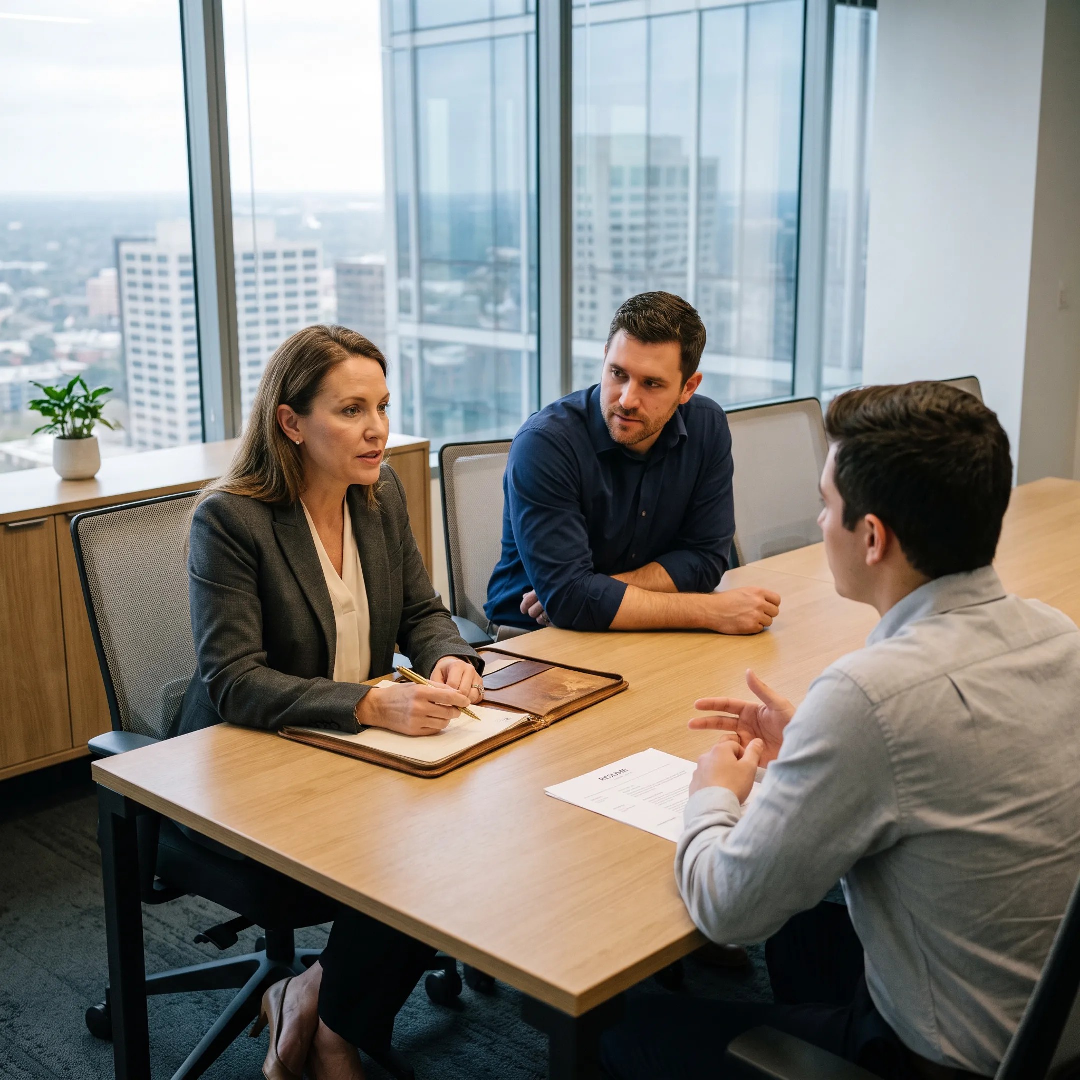 Houston IT recruiters interviewing a prospective technology professional in a modern office