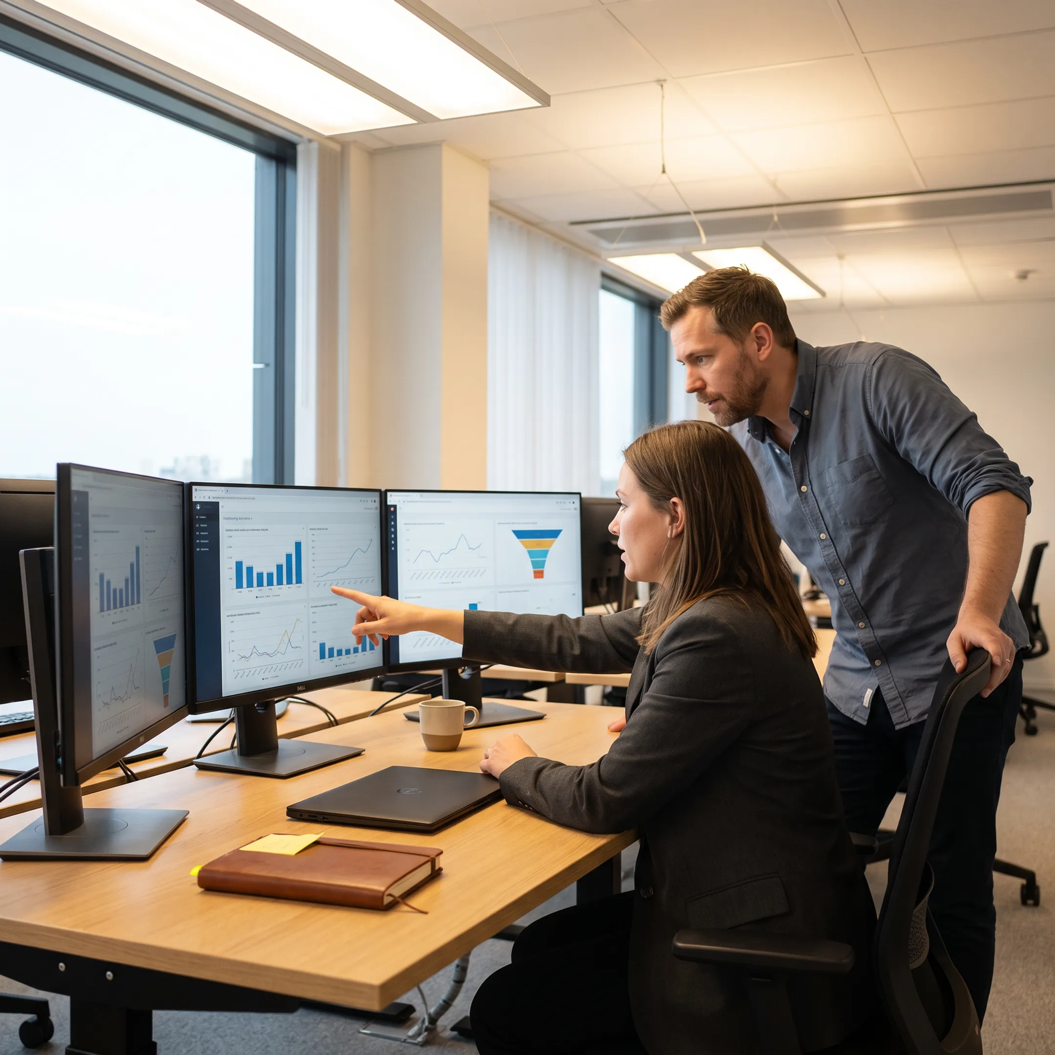 Data analytics professionals collaborating on dashboard insights