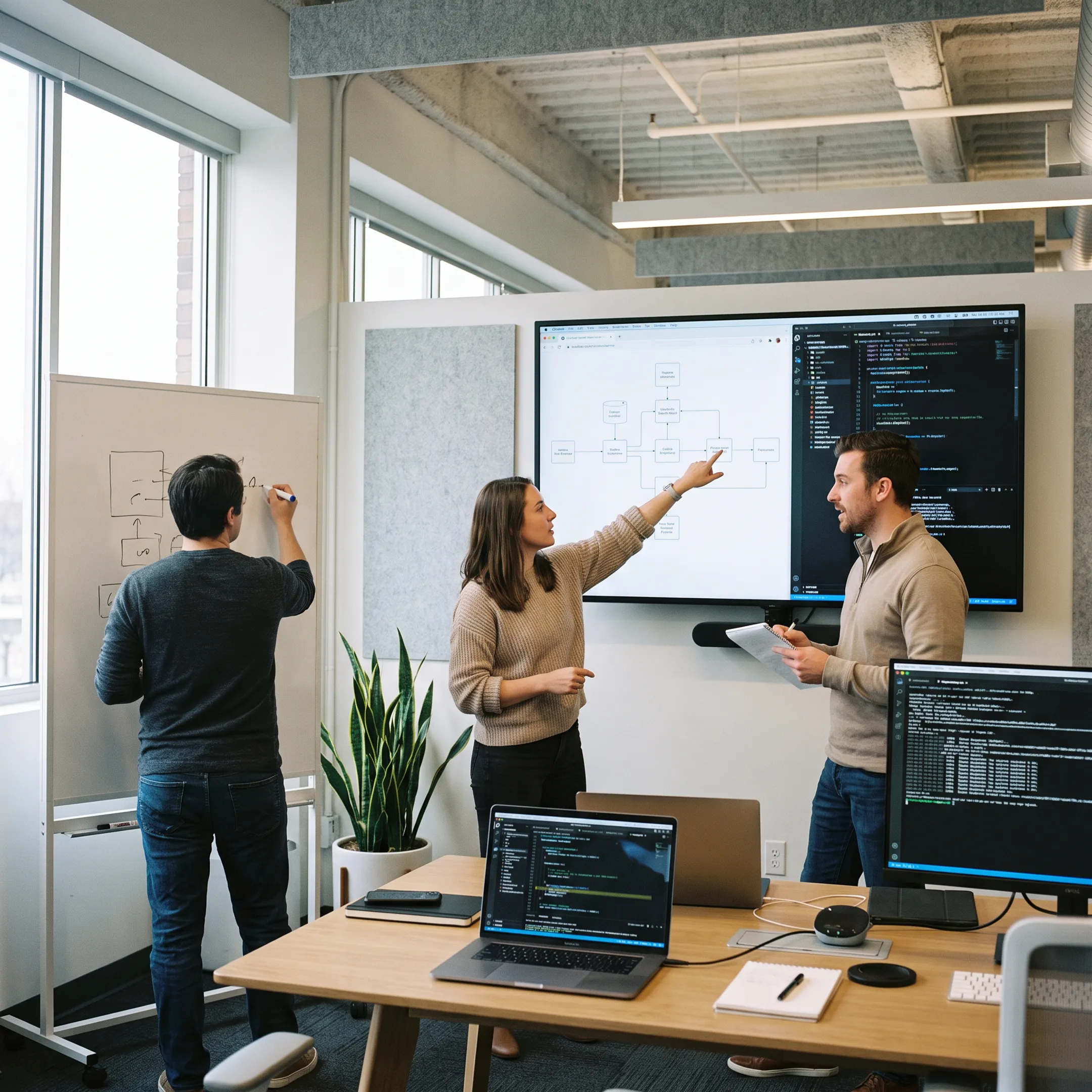 Software engineering team reviewing full stack application architecture on screens
