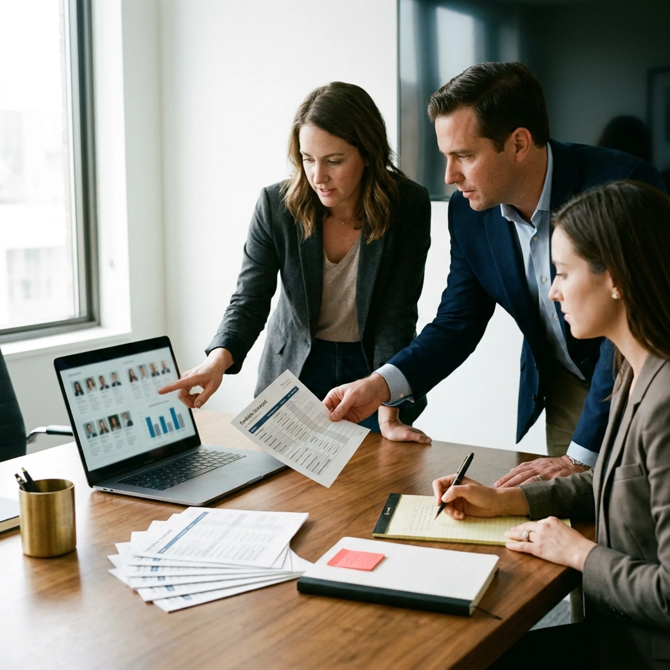 Recruitment team analyzing executive candidate qualifications for risk management