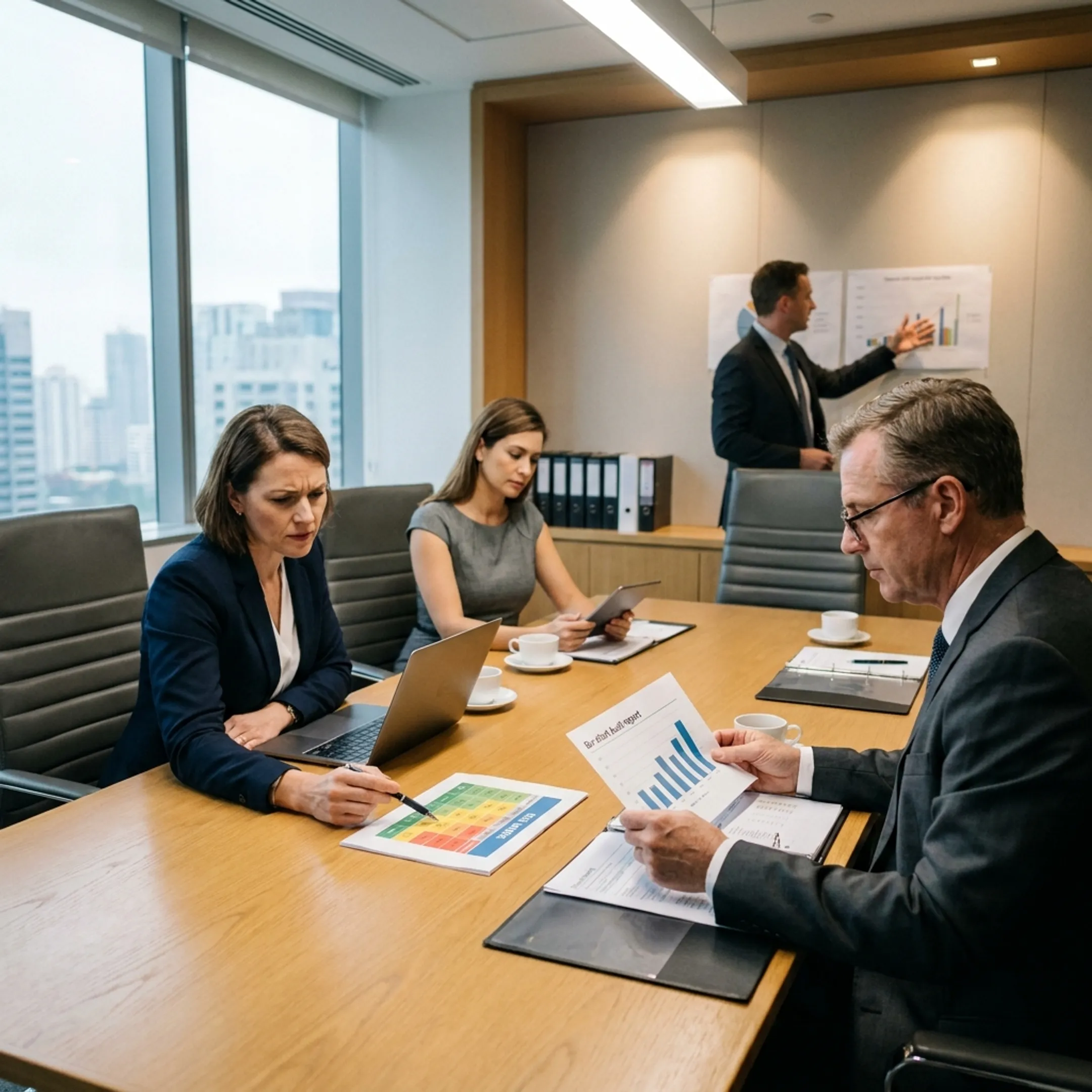 Financial risk and compliance team discussing regulatory governance in a conference room