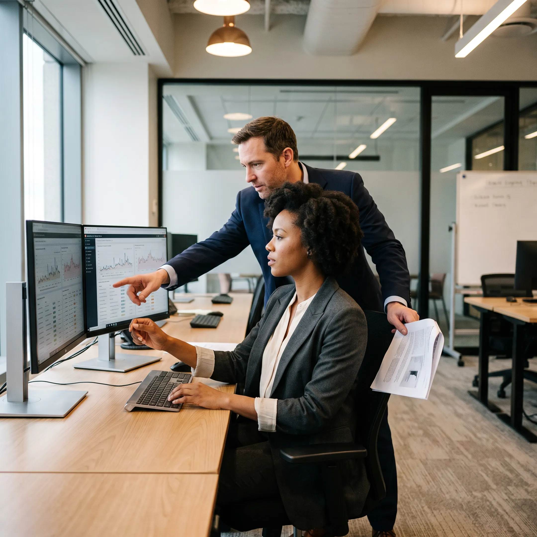 Compliance professionals reviewing regulatory monitoring data on office workstations