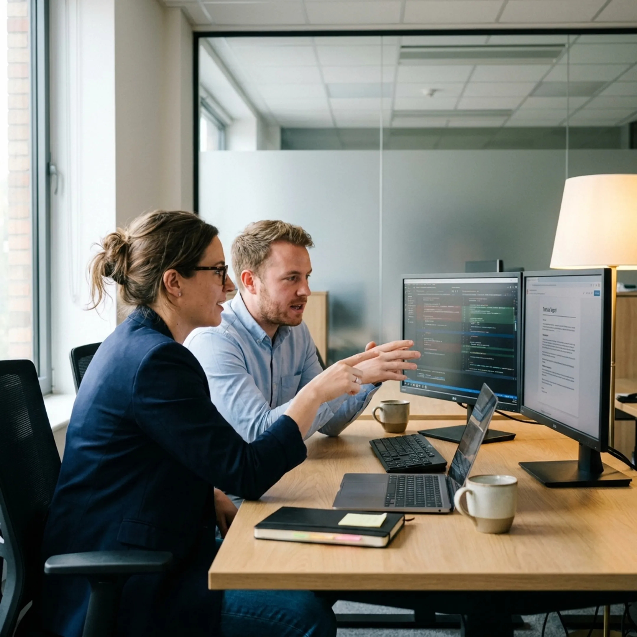 Recruitment team reviewing technical assessment results on dual computer displays