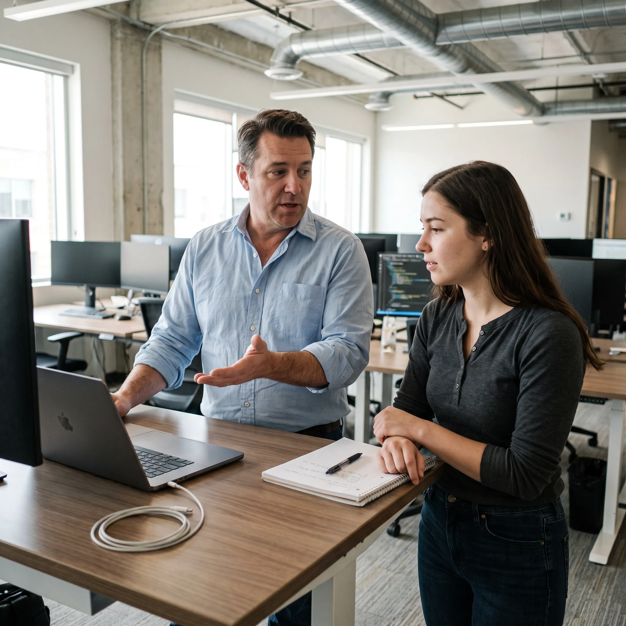 Technical hiring manager interviewing an entry-level IT candidate in a modern office