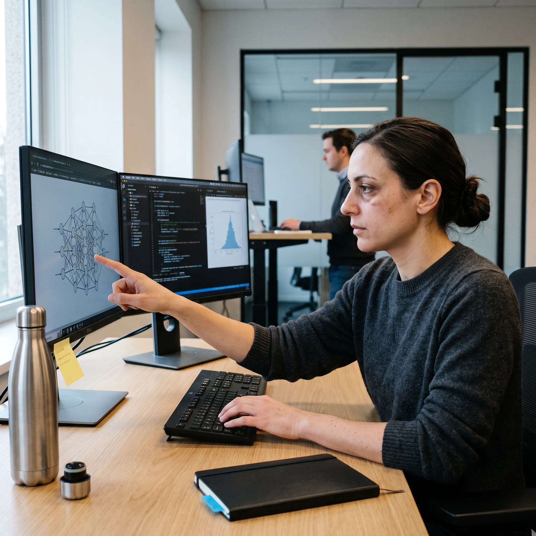 Machine learning contract engineer analyzing data models in an office.