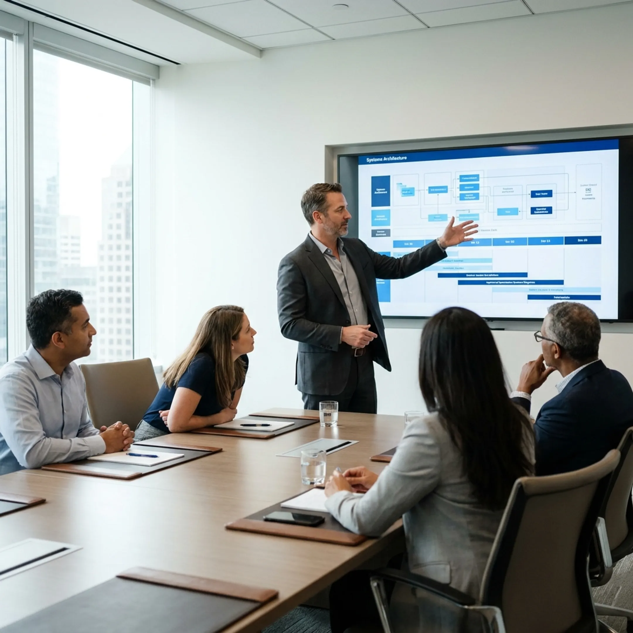 Chief Technology Officer discussing platform architecture with senior engineering staff