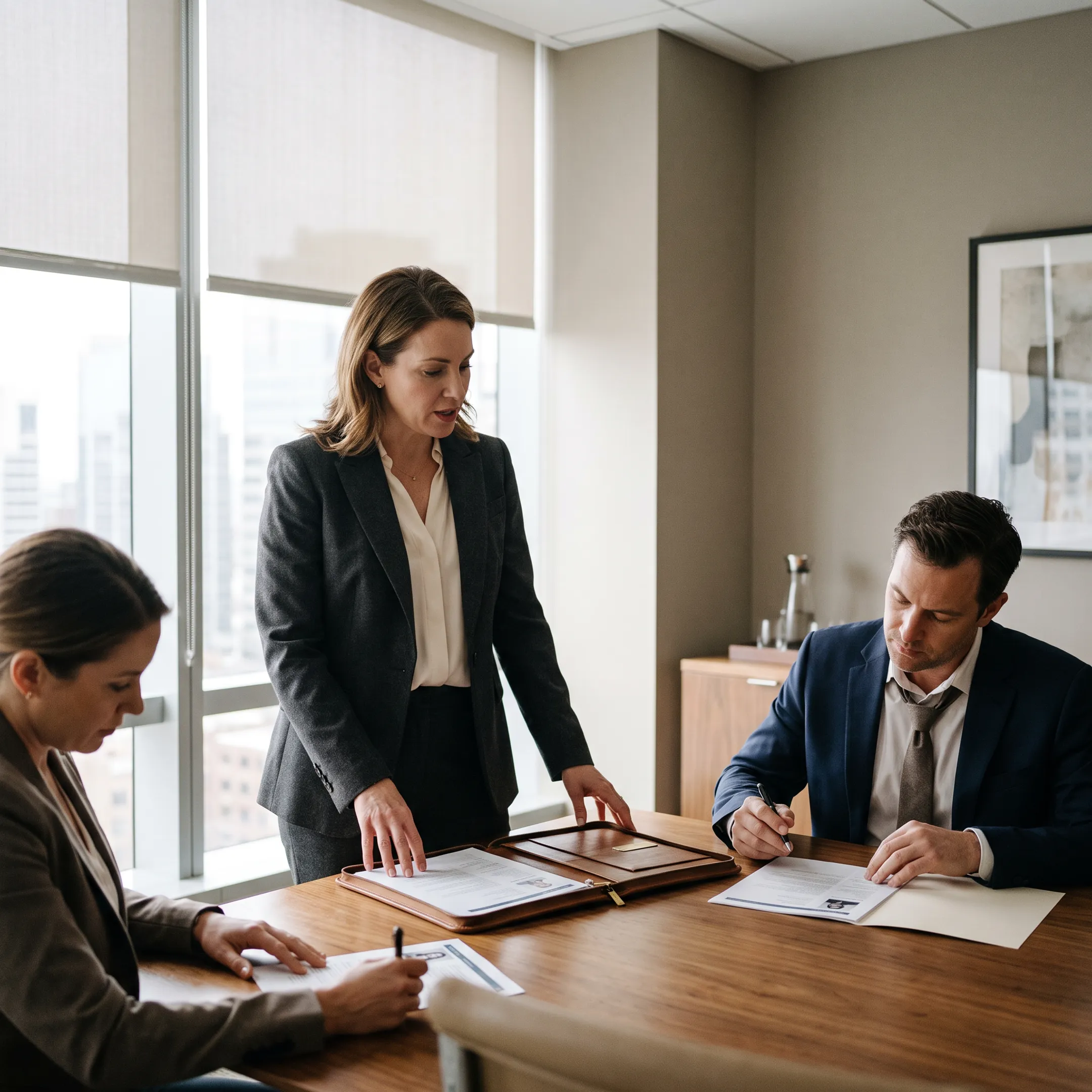 Executive tech recruiter meeting with Chief Technology Officer candidates in a modern office