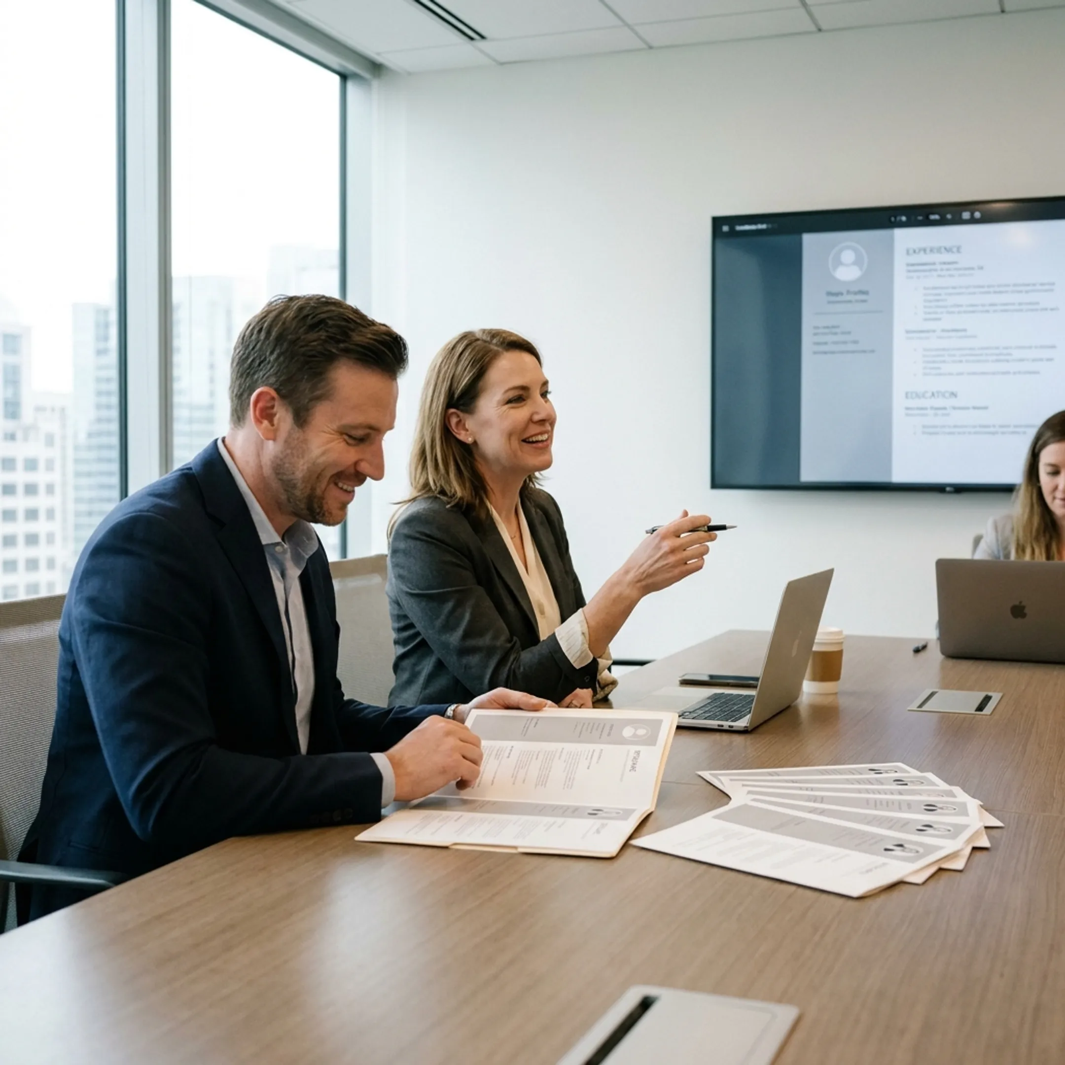 Professional recruiters reviewing technical and corporate candidate profiles in a modern office