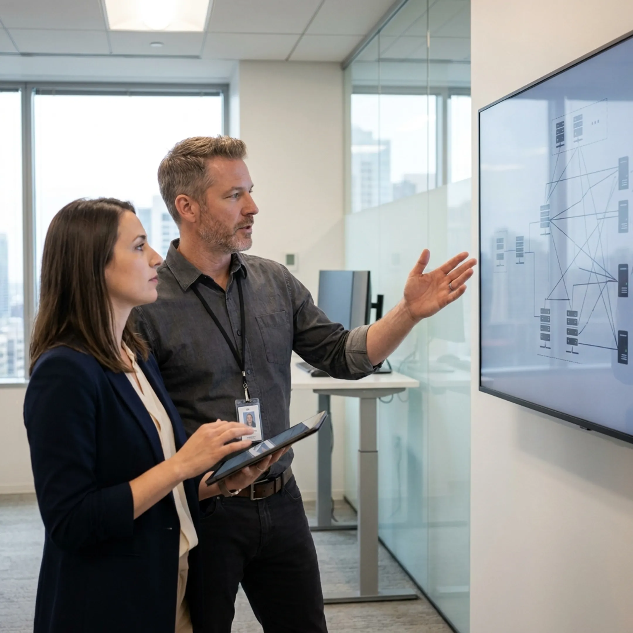 Technology consultant reviewing cloud architecture diagrams for an enterprise financial services client