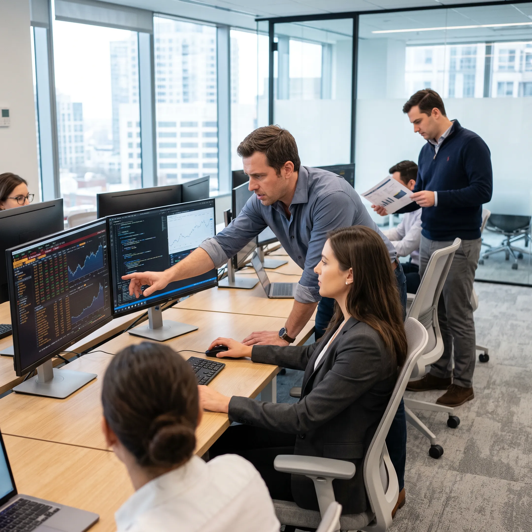 Financial technology software engineers collaborating on market data systems in an institutional trading environment