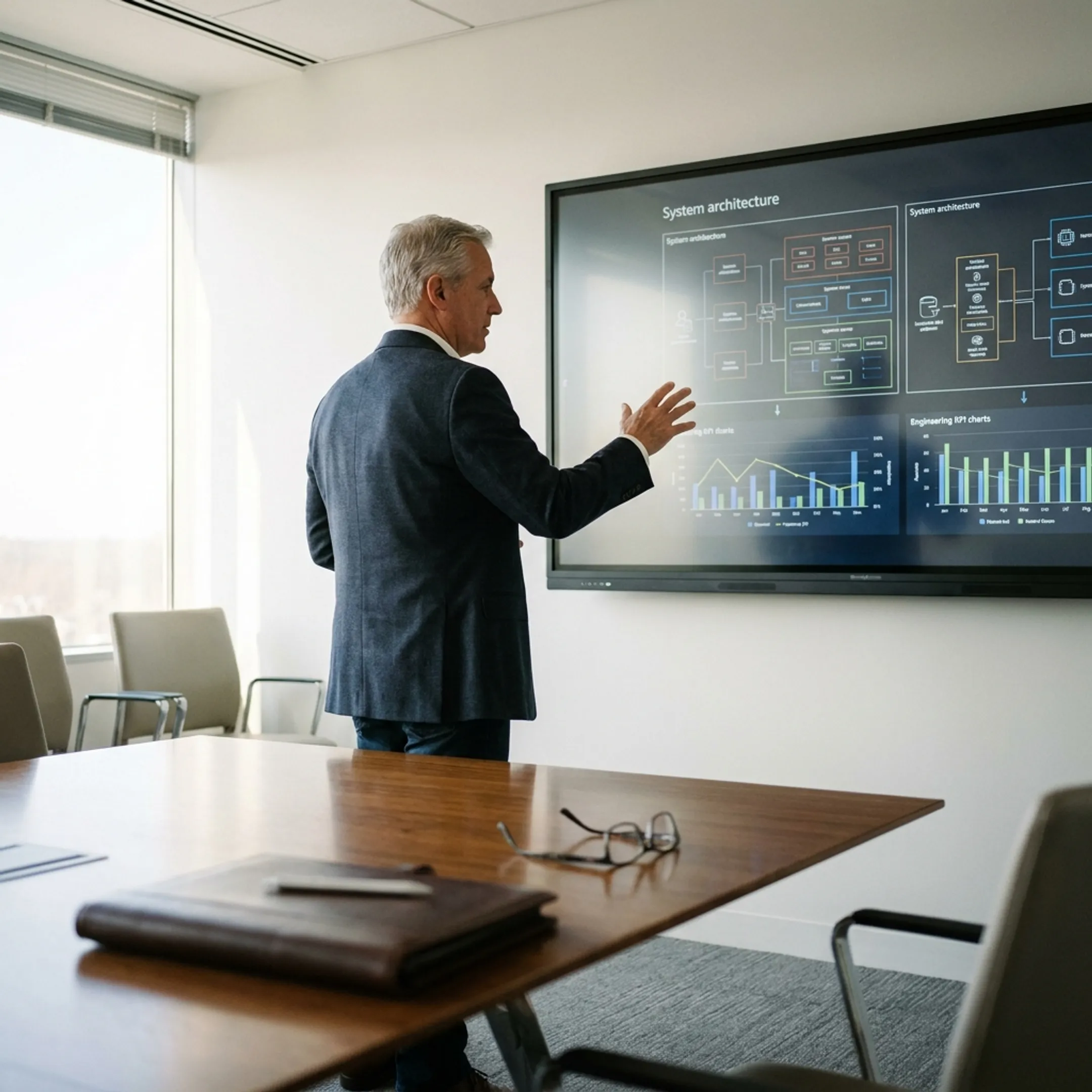 Interim CTO reviewing software architecture diagrams on a digital display