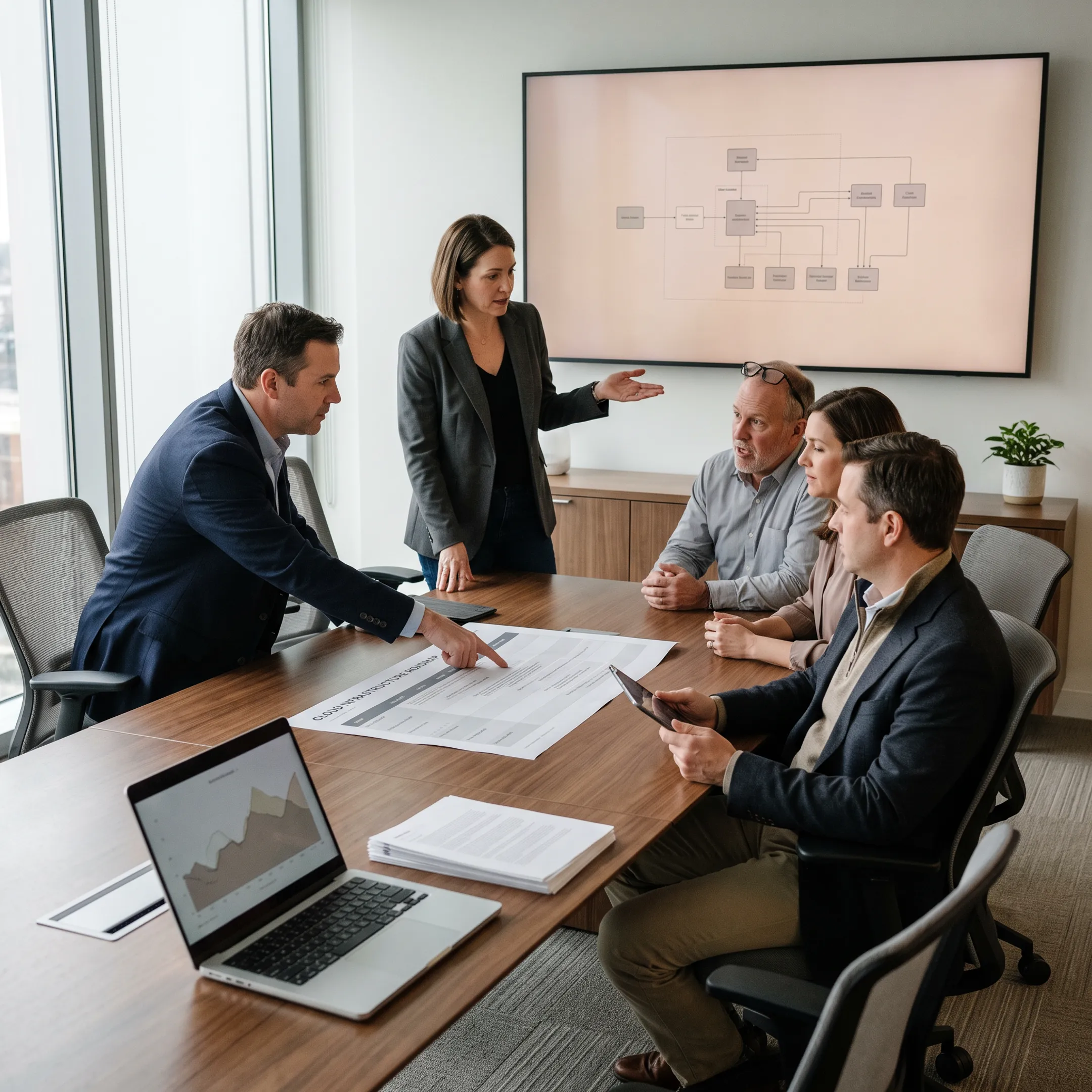Executive tech leadership consultation between an interim CTO and board members