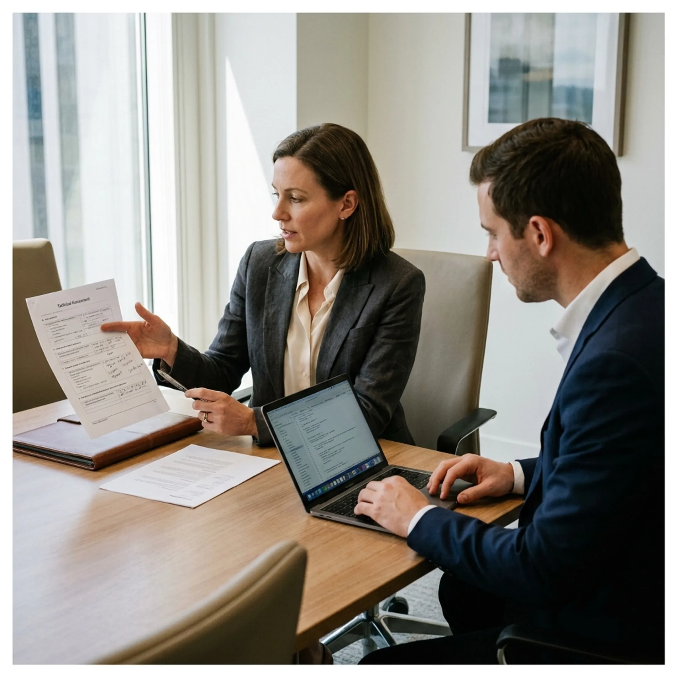 Executive recruiter reviewing quantitative candidate qualifications and technical programming assessments