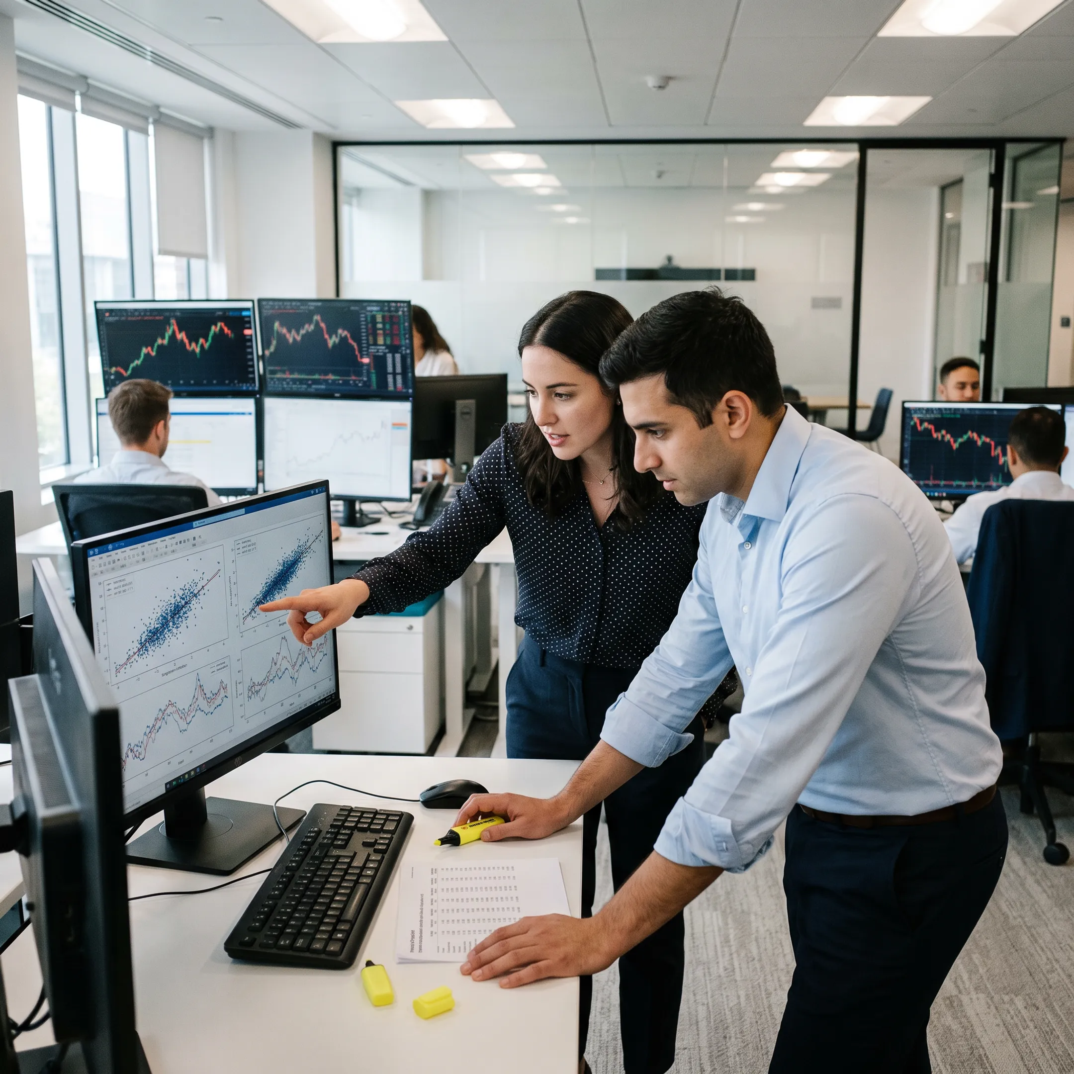 Quantitative finance team analyzing market models and algorithmic trading code on multiple monitors