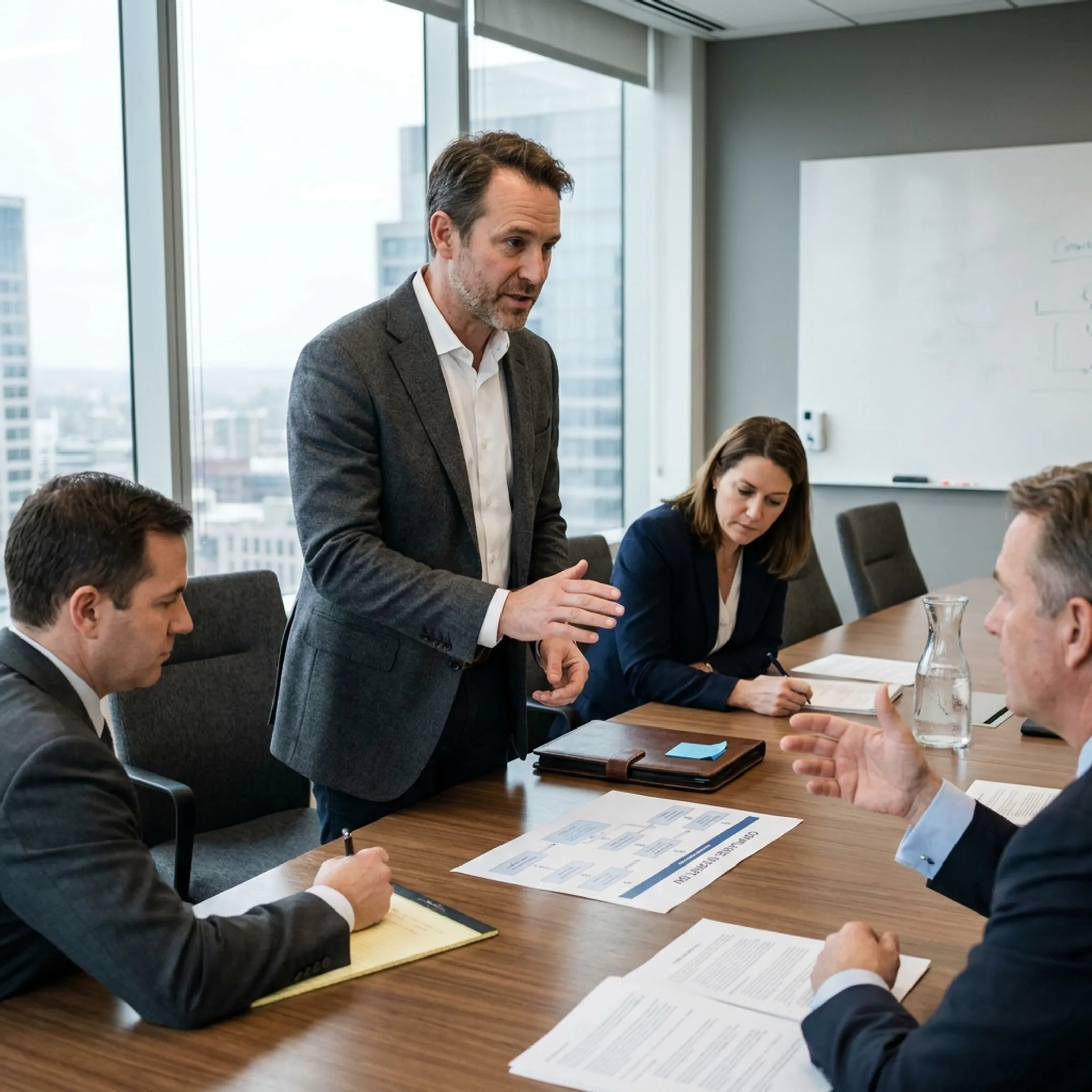 Operational risk consultant discussing internal controls with corporate leadership